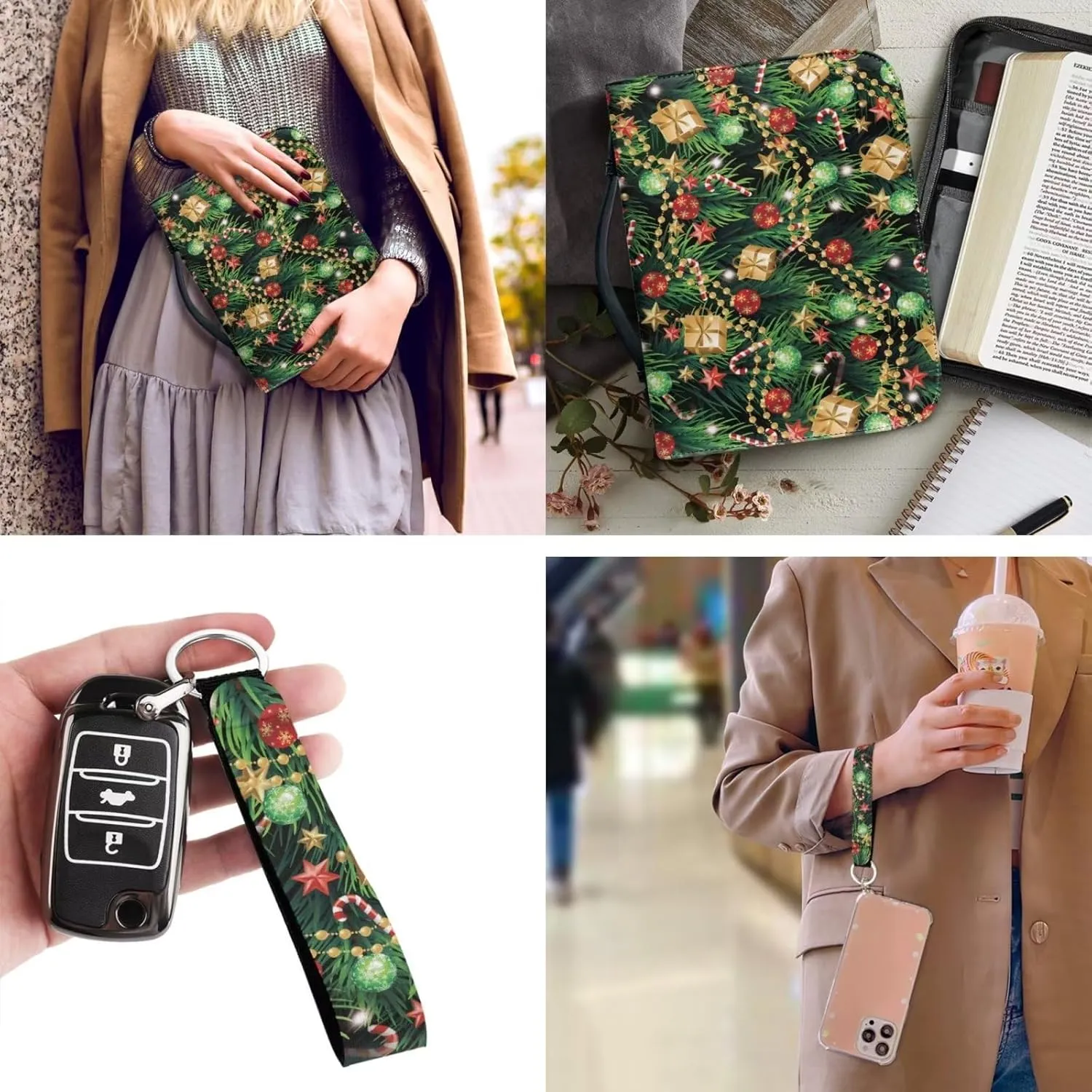 Christmas Tree Keychain 2 Pcs Set Bible Cover Case Bible Holder Bag PU Leather Bible Cover with Portable Handle Large Capacity Scripture Handbag for Pray