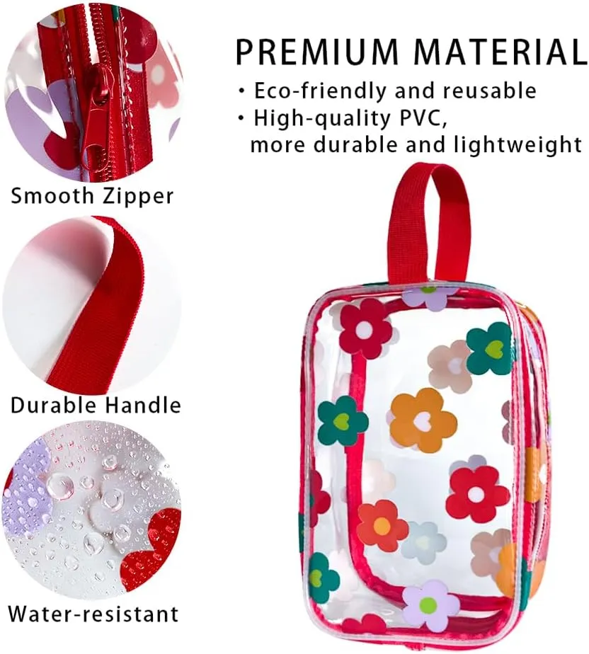 Clear Printed Floral Cosmetic Bag and Travel Pouch with Handle-Durable PVC Material,Versatile,Zipper Design for Smooth Sliding-Ideal for Makeup,Travel Essentials (Multifloral-S)