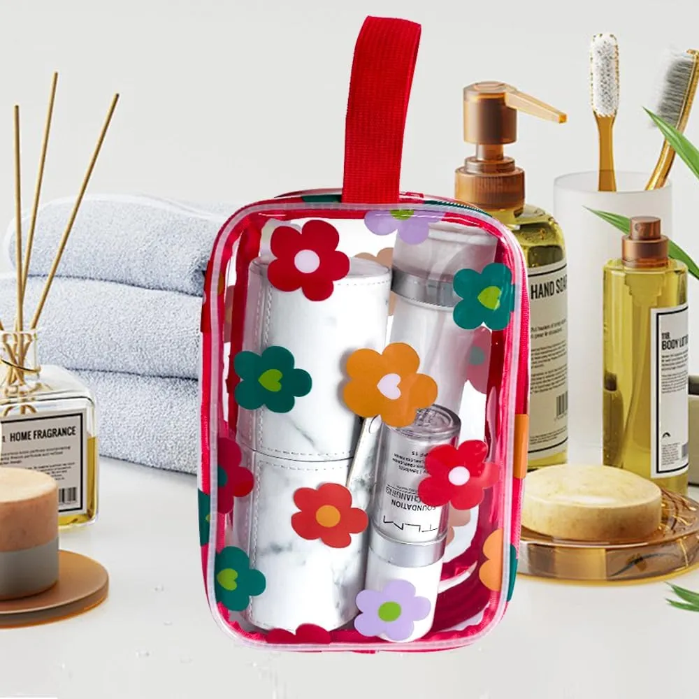 Clear Printed Floral Cosmetic Bag and Travel Pouch with Handle-Durable PVC Material,Versatile,Zipper Design for Smooth Sliding-Ideal for Makeup,Travel Essentials (Multifloral-S)