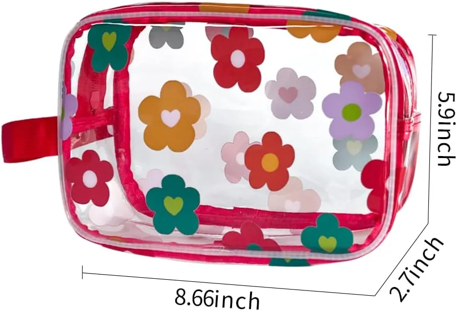 Clear Printed Floral Cosmetic Bag and Travel Pouch with Handle-Durable PVC Material,Versatile,Zipper Design for Smooth Sliding-Ideal for Makeup,Travel Essentials (Multifloral-S)