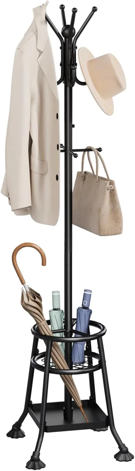 Coat Rack Freestanding,Heavy Duty Coat Tree with Umbrella Holder,Multi-Functional Metal Hall Tree with 12 Hooks and Stand Elegant Storage for Coats,Hats,Bags in Entryway,Bedroom,Office(Black)