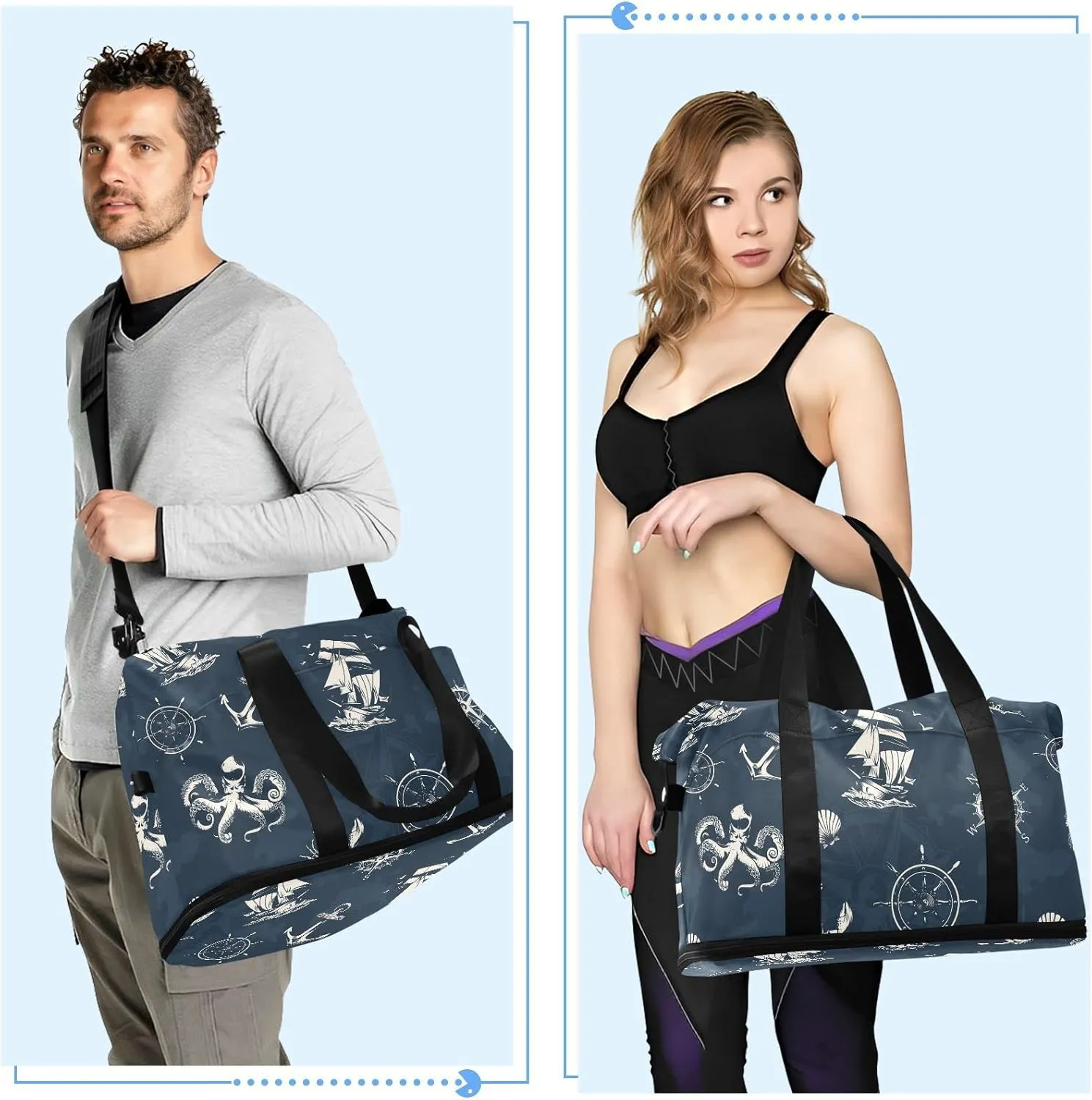 Compass Octopus Anchor Travel Duffel Bag for Women Men Gym Bag with Shoe Compartment Wet Pocket Carry On Weekender Overnight Bags for Yoga School Travel Gym