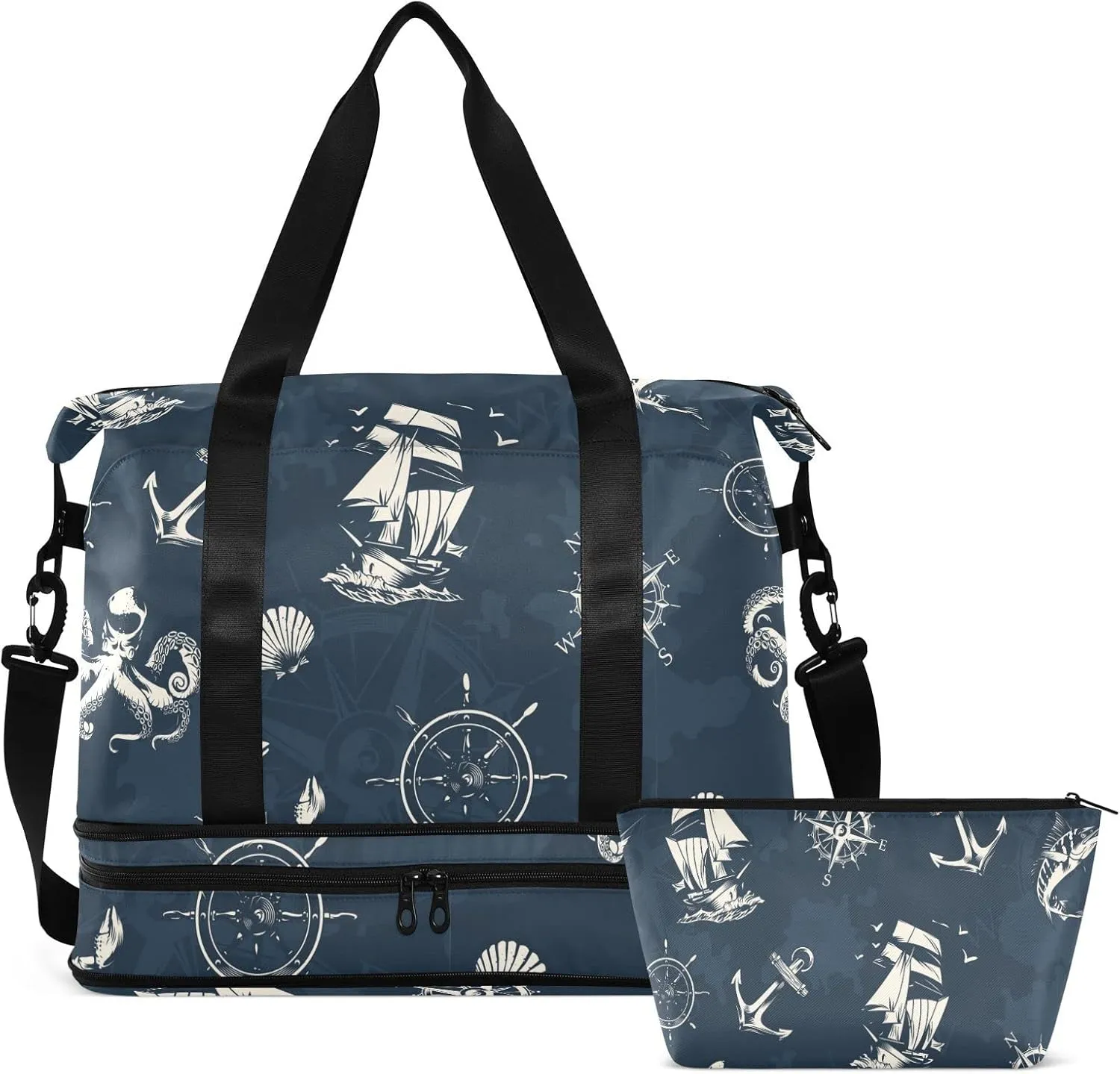 Compass Octopus Anchor Travel Duffel Bag for Women Men Gym Bag with Shoe Compartment Wet Pocket Carry On Weekender Overnight Bags for Yoga School Travel Gym