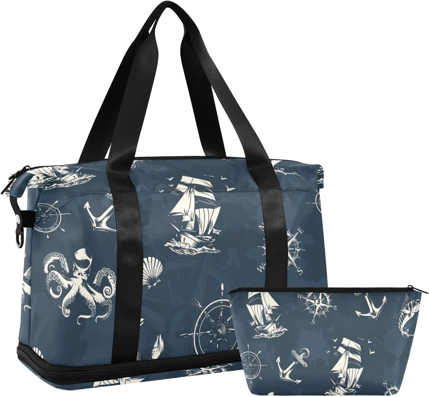 Compass Octopus Anchor Travel Duffel Bag for Women Men Gym Bag with Shoe Compartment Wet Pocket Carry On Weekender Overnight Bags for Yoga School Travel Gym