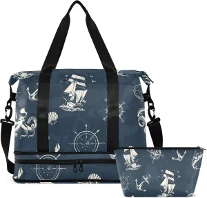 Compass Octopus Anchor Travel Duffel Bag for Women Men Gym Bag with Shoe Compartment Wet Pocket Carry On Weekender Overnight Bags for Yoga School Travel Gym