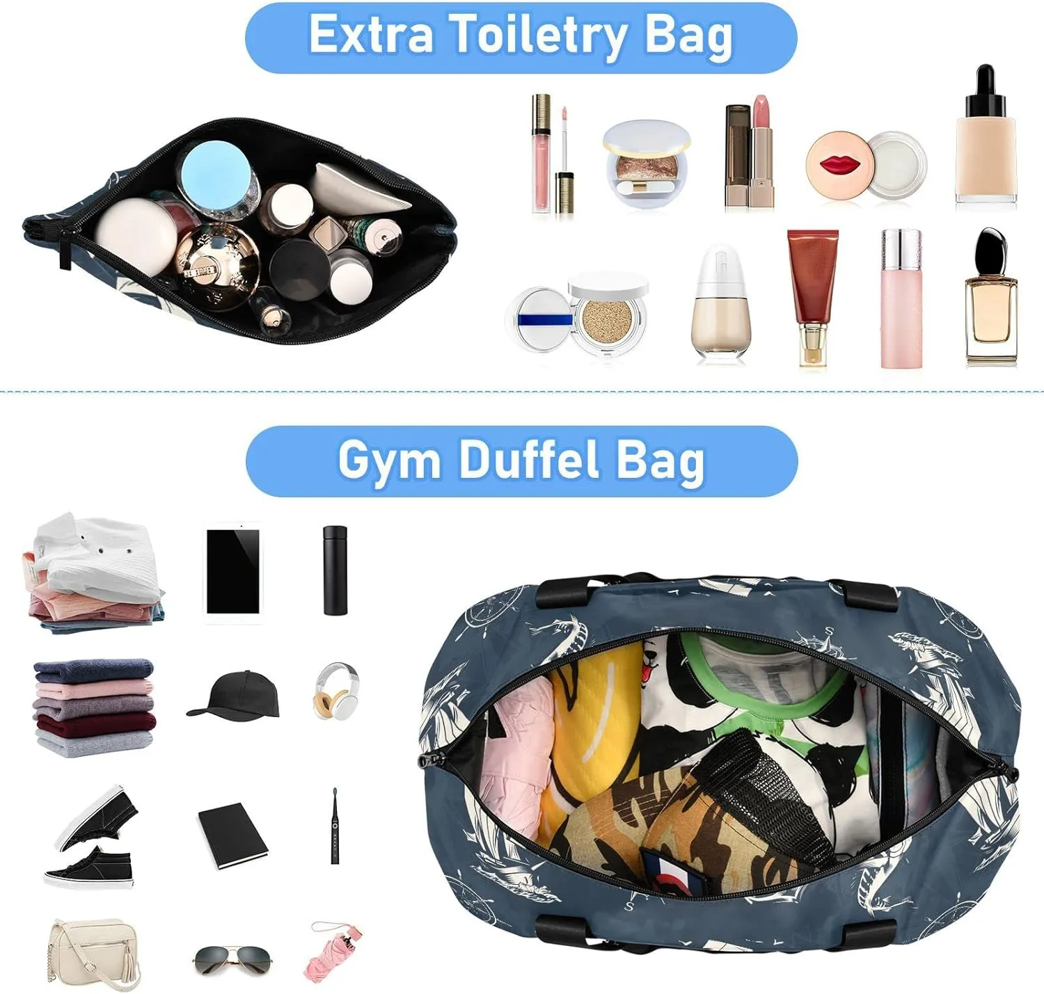 Compass Octopus Anchor Travel Duffel Bag for Women Men Gym Bag with Shoe Compartment Wet Pocket Carry On Weekender Overnight Bags for Yoga School Travel Gym