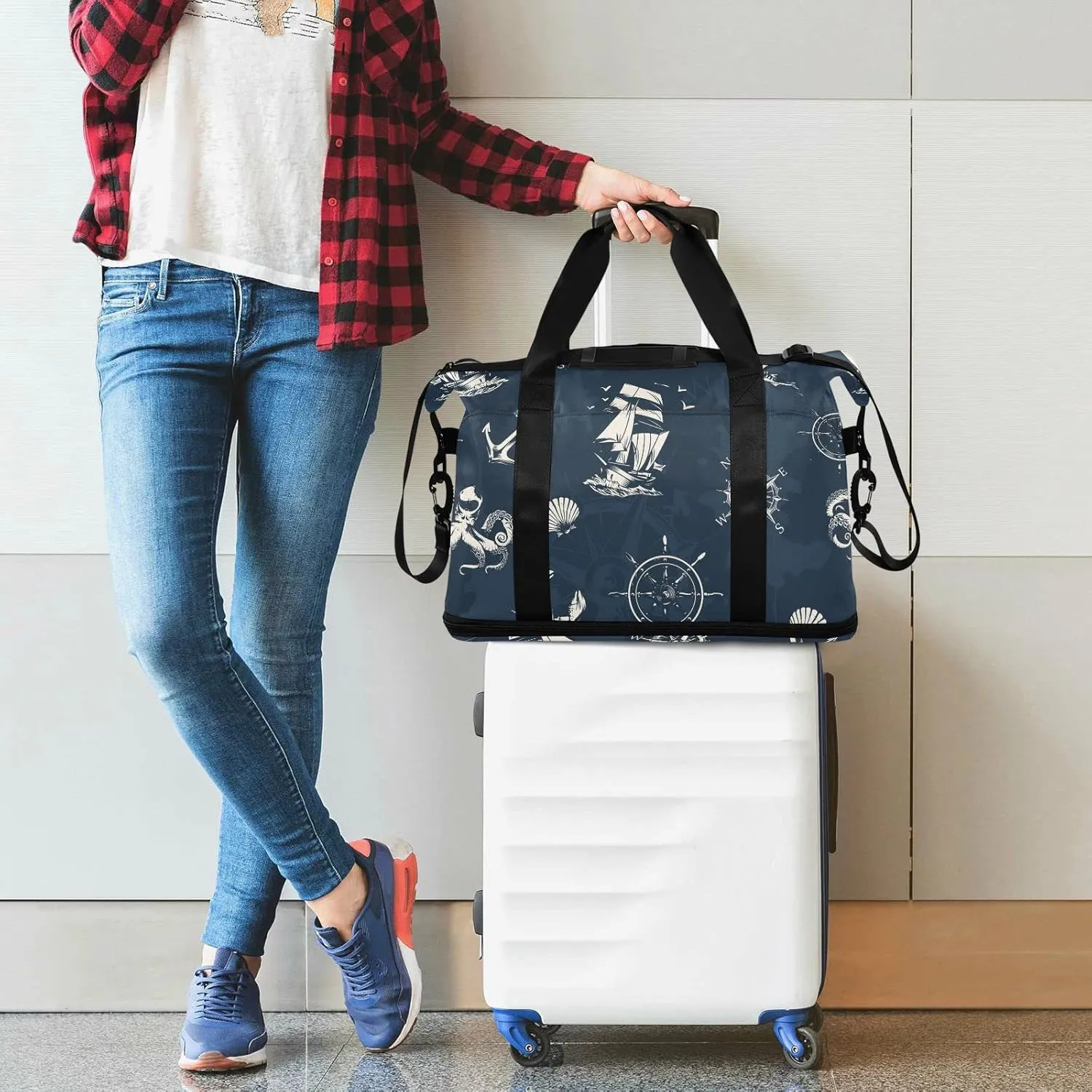 Compass Octopus Anchor Travel Duffel Bag for Women Men Gym Bag with Shoe Compartment Wet Pocket Carry On Weekender Overnight Bags for Yoga School Travel Gym