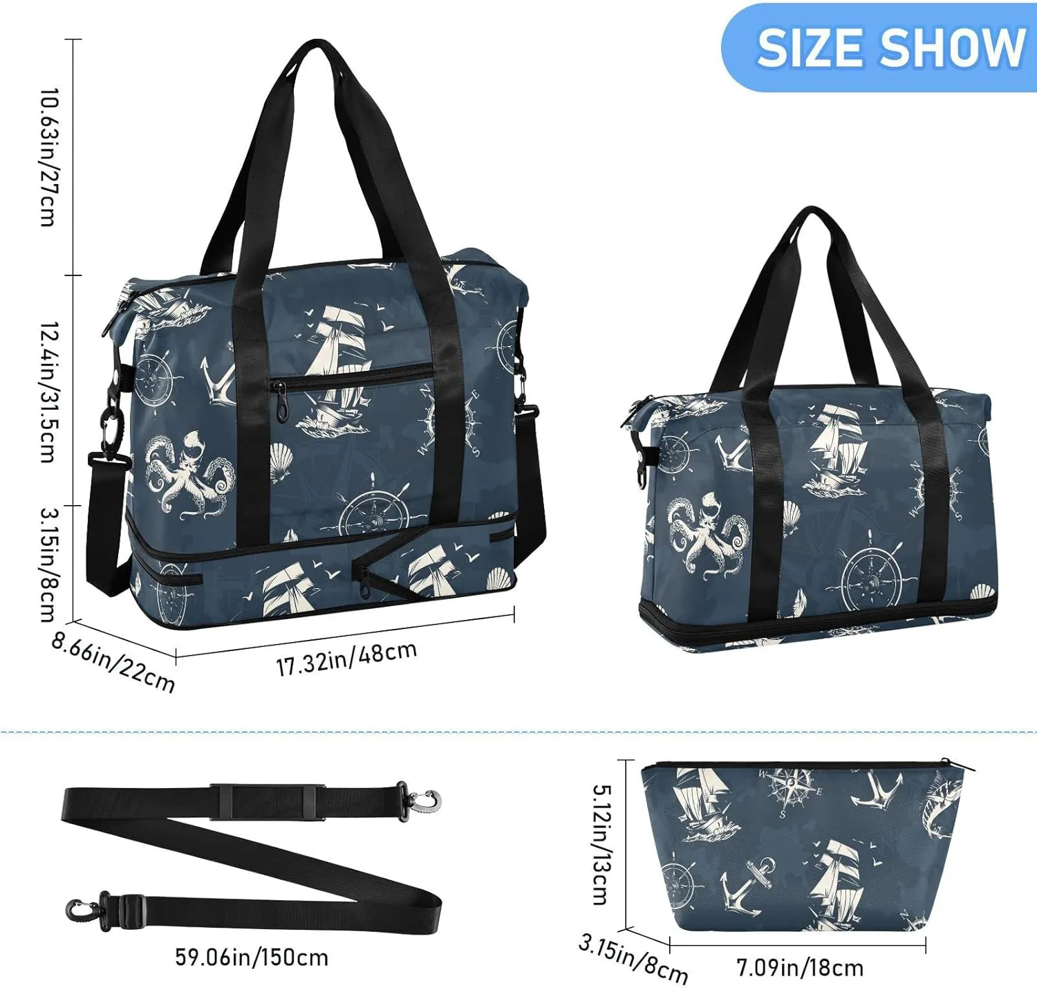 Compass Octopus Anchor Travel Duffel Bag for Women Men Gym Bag with Shoe Compartment Wet Pocket Carry On Weekender Overnight Bags for Yoga School Travel Gym