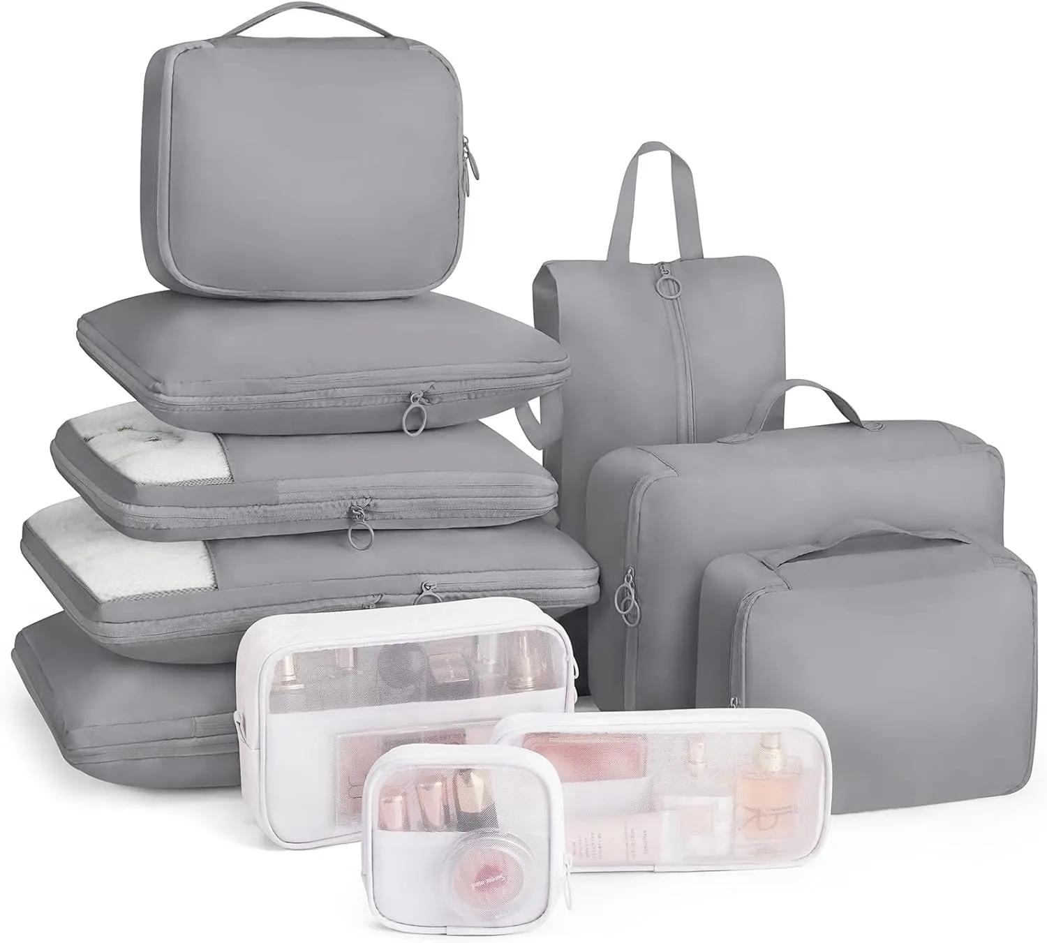 Compression Packing Cubes 11 Set, Expandable Suitcase Organizers, Gray Luggage Bags