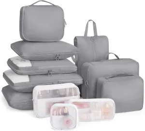 Compression Packing Cubes 11 Set, Expandable Suitcase Organizers, Gray Luggage Bags