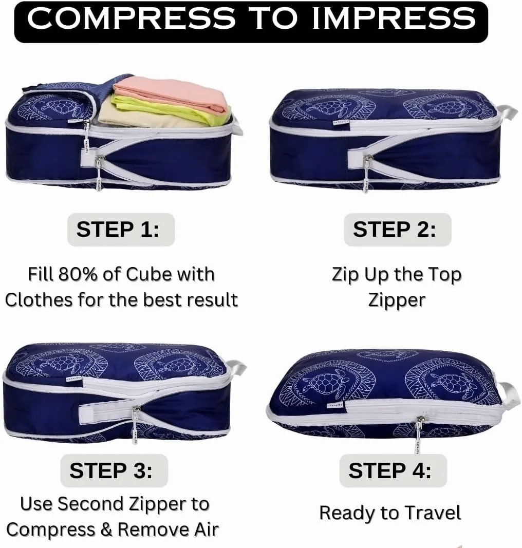 Compression Packing Cubes for Carry On Luggage - Lightweight Water Resistant Suitcase Organizer & Space Saver Bags for Travel with Drawstring Backpack/Laundry Bag - 6pc Set - Blue Turtle