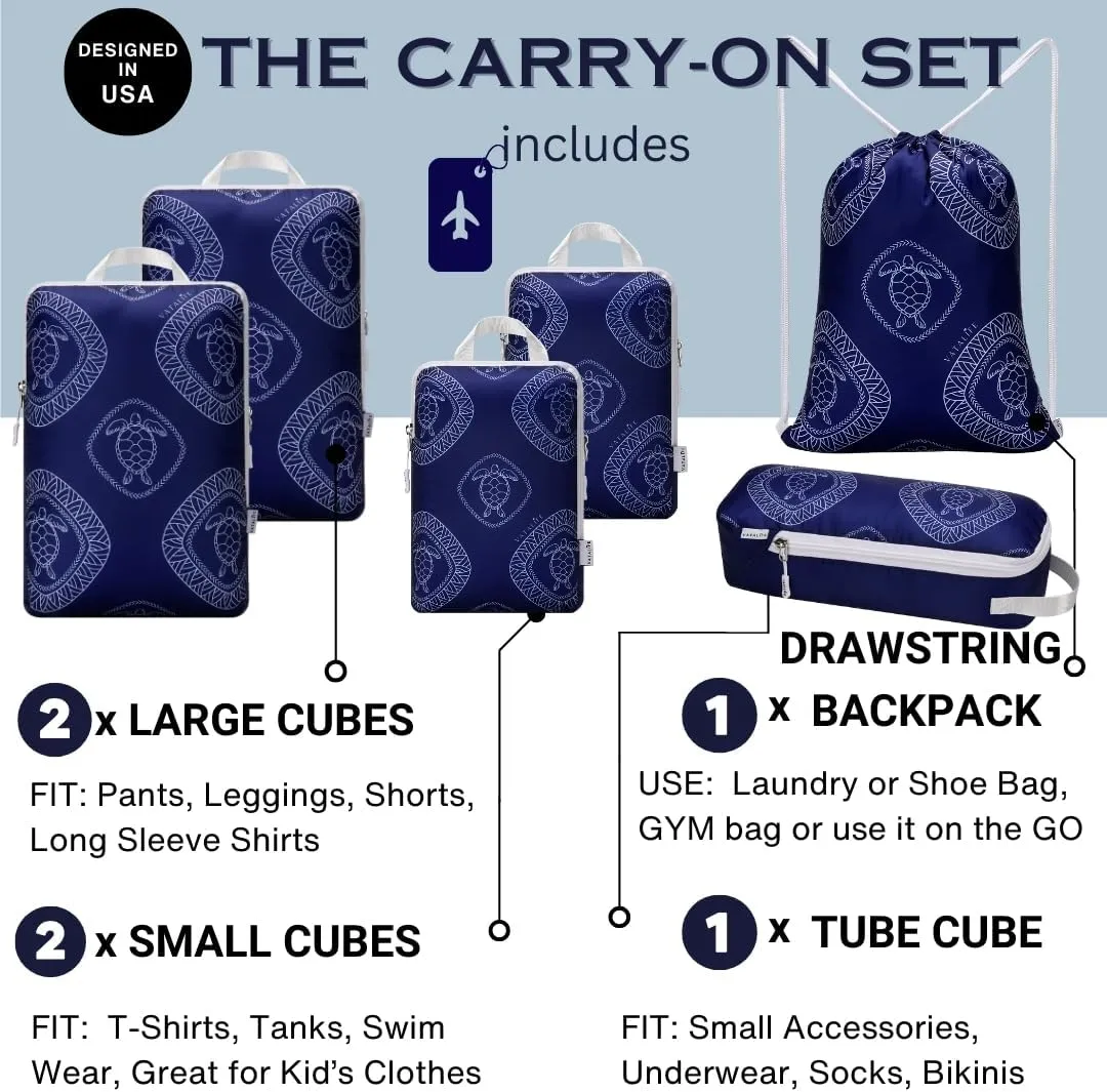 Compression Packing Cubes for Carry On Luggage - Lightweight Water Resistant Suitcase Organizer & Space Saver Bags for Travel with Drawstring Backpack/Laundry Bag - 6pc Set - Blue Turtle