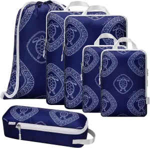 Compression Packing Cubes for Carry On Luggage - Lightweight Water Resistant Suitcase Organizer & Space Saver Bags for Travel with Drawstring Backpack/Laundry Bag - 6pc Set - Blue Turtle
