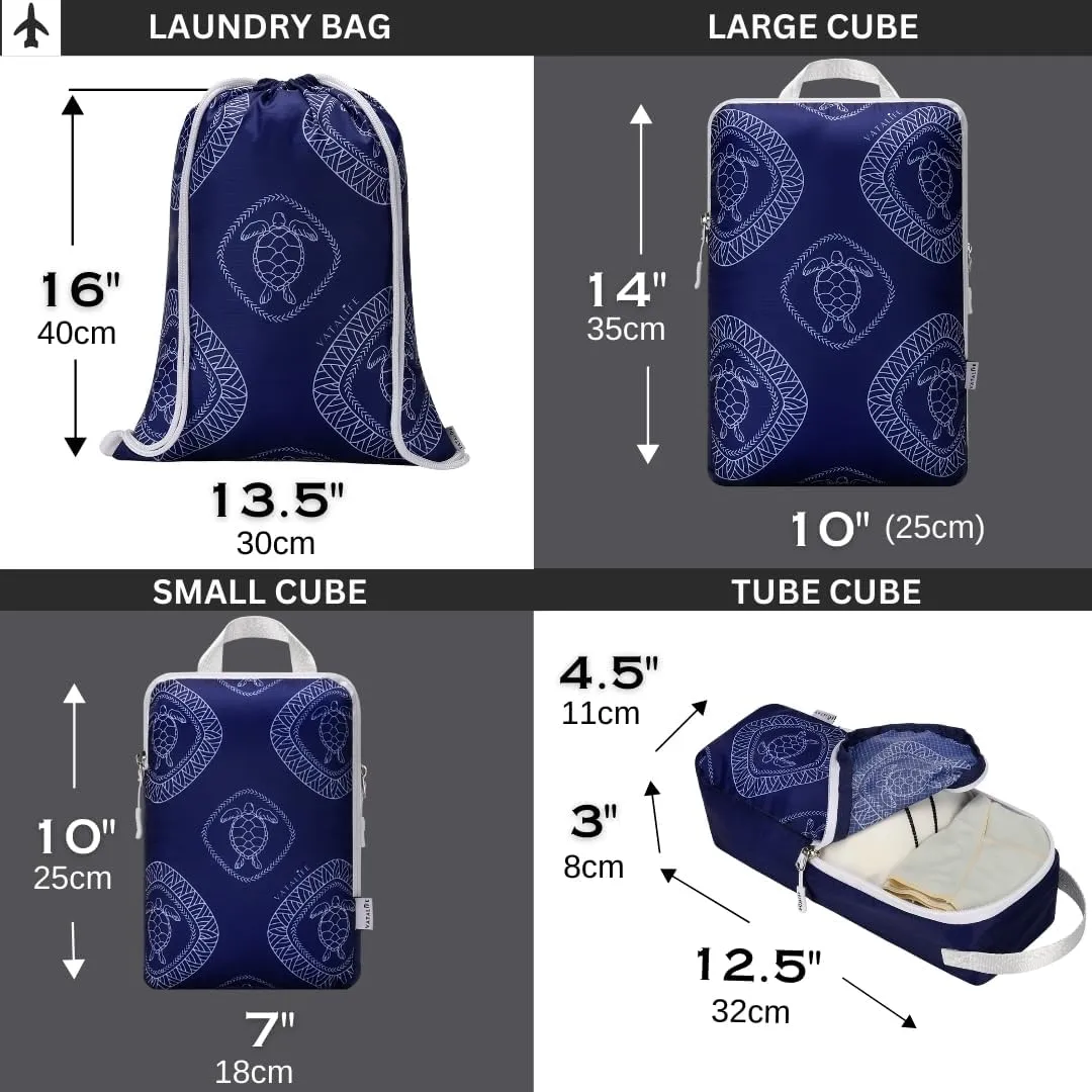 Compression Packing Cubes for Carry On Luggage - Lightweight Water Resistant Suitcase Organizer & Space Saver Bags for Travel with Drawstring Backpack/Laundry Bag - 6pc Set - Blue Turtle
