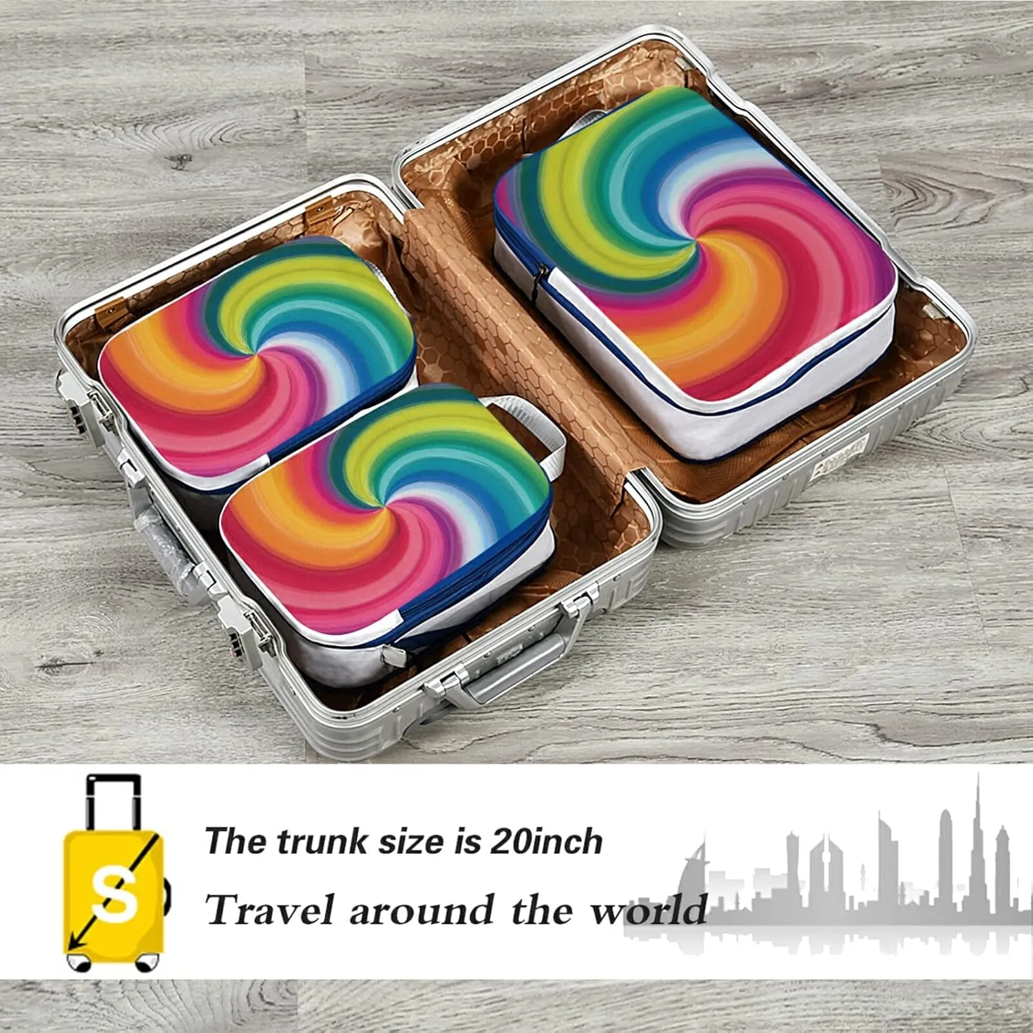 Concentric Rainbow, Spectrum Spirally Lines, Twisting Rotating lines 3 Piece set Cubes Expandable Adjustable Luggage Packing Bags, Ultralight Organizer Accessories Travel Suitcase Compressible Bags