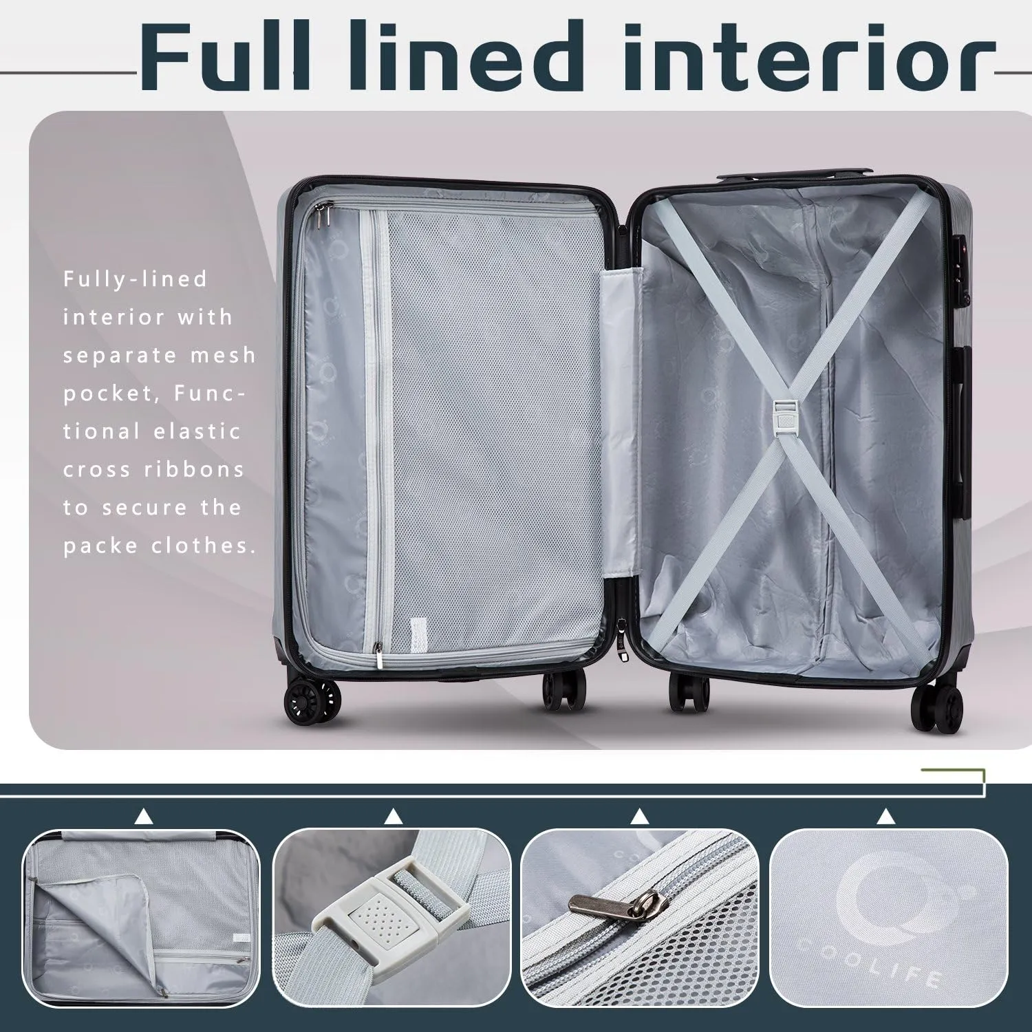 Coolife Luggage Suitcase PC ABS with TSA Lock Spinner Carry on Hardshell Lightweight 20in 24in 28in (grey, L(28IN))