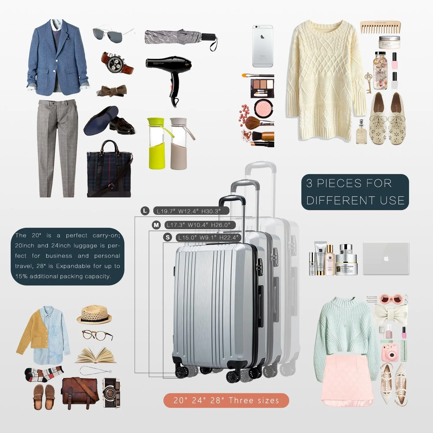 Coolife Luggage Suitcase PC ABS with TSA Lock Spinner Carry on Hardshell Lightweight 20in 24in 28in (grey, L(28IN))