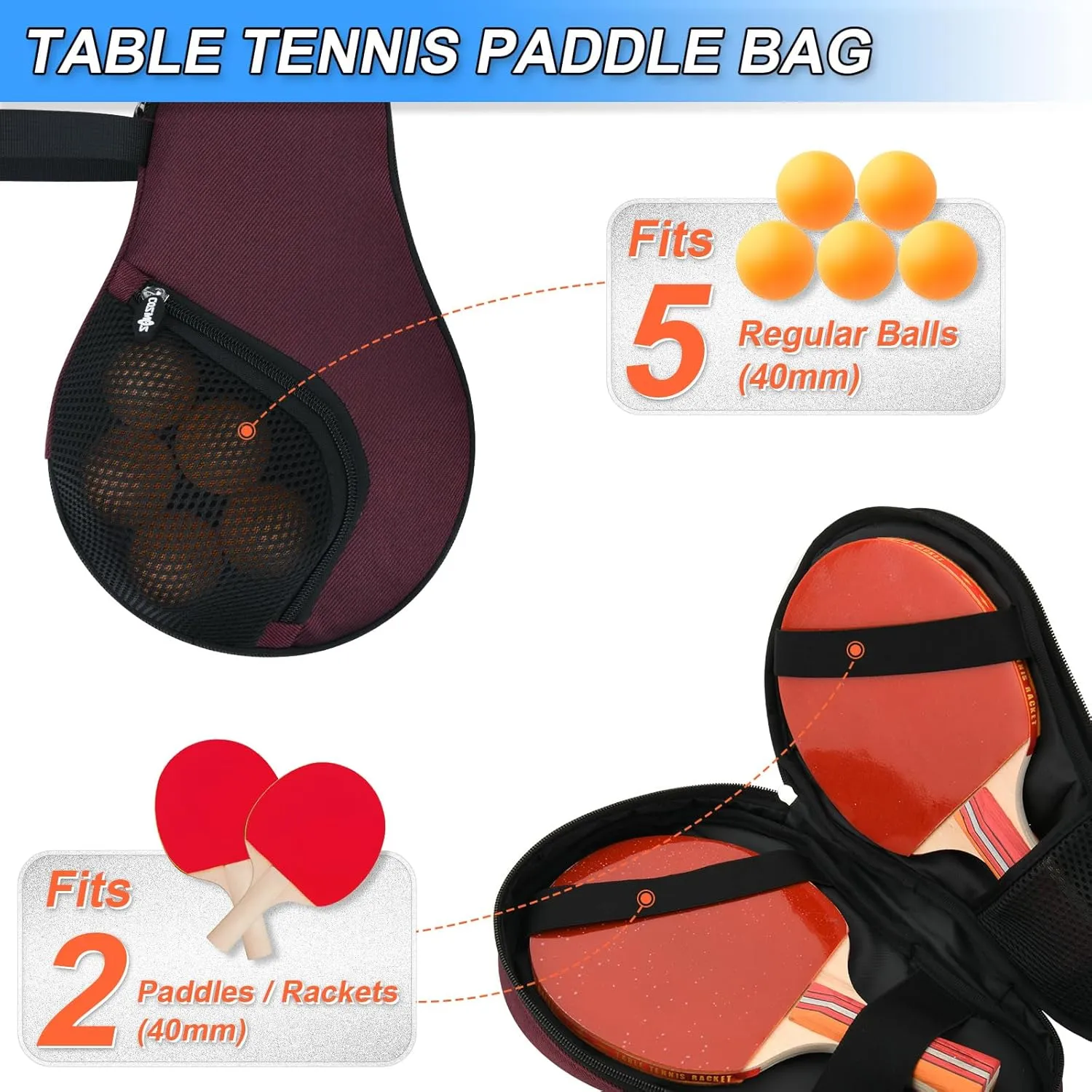Cosmos Table Tennis Paddle Bag Paddles Case Cover Waterproof Ping Pong Racket Bat Storage Case Holder with Ping Pong Ball Mesh Storage Pocket Organizer, Fits 2 Paddles