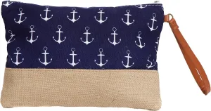 Cotton Canvas Two-Tone Cosmetic Bag Make Up Clutch Bag (10.5" W x 7.5" H, Navy Anchor (Jute Bottom))