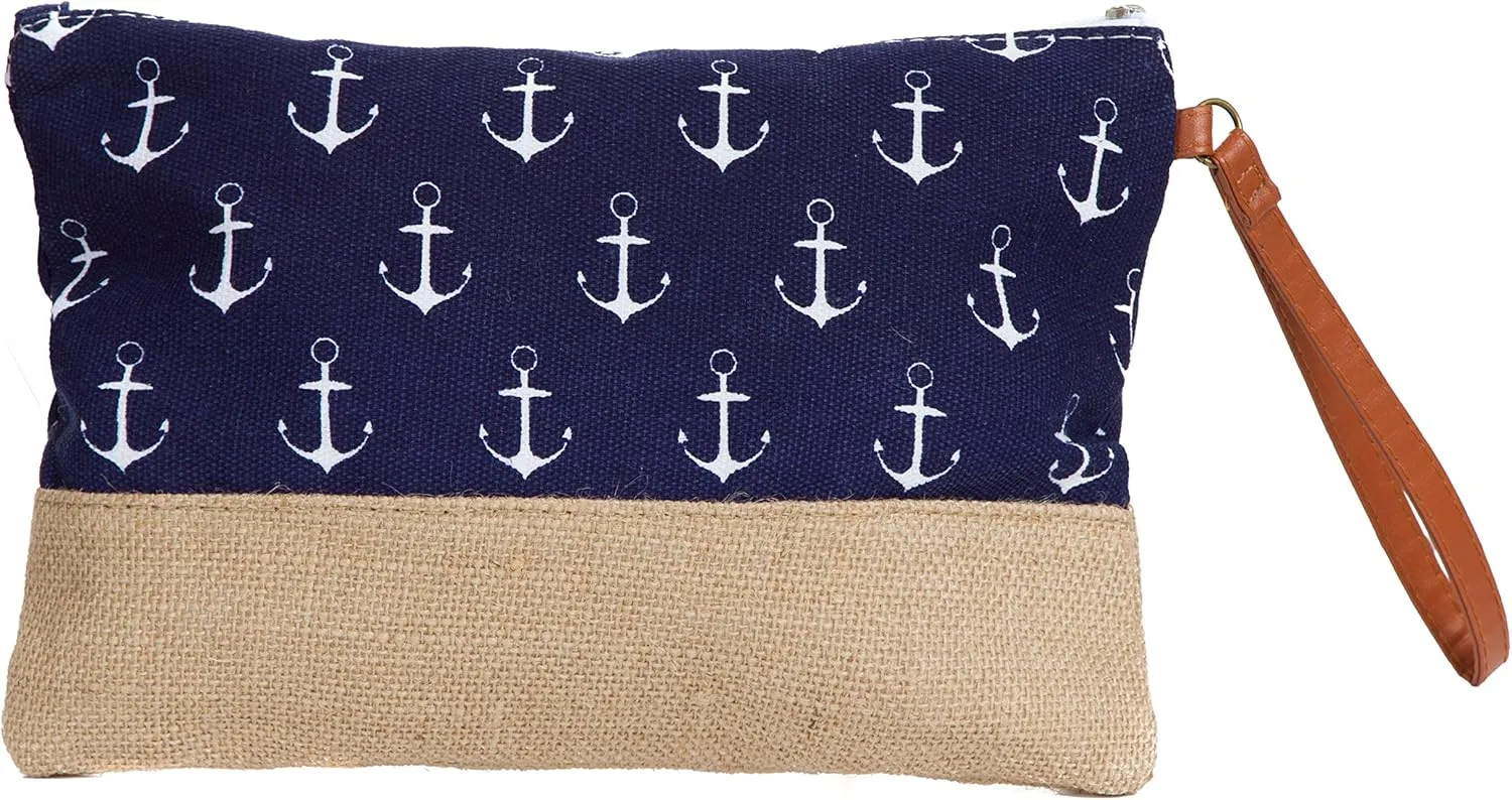 Cotton Canvas Two-Tone Cosmetic Bag Make Up Clutch Bag (10.5" W x 7.5" H, Navy Anchor (Jute Bottom))
