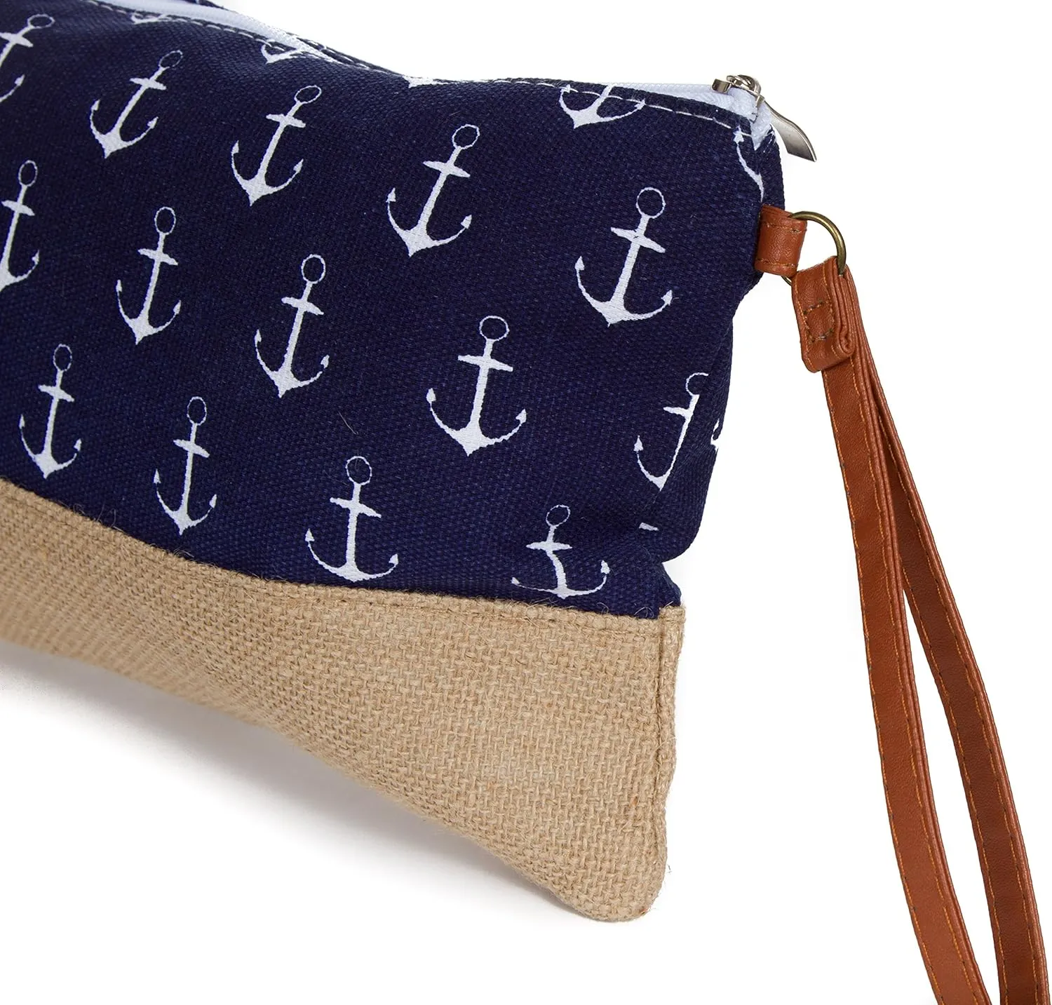 Cotton Canvas Two-Tone Cosmetic Bag Make Up Clutch Bag (10.5" W x 7.5" H, Navy Anchor (Jute Bottom))