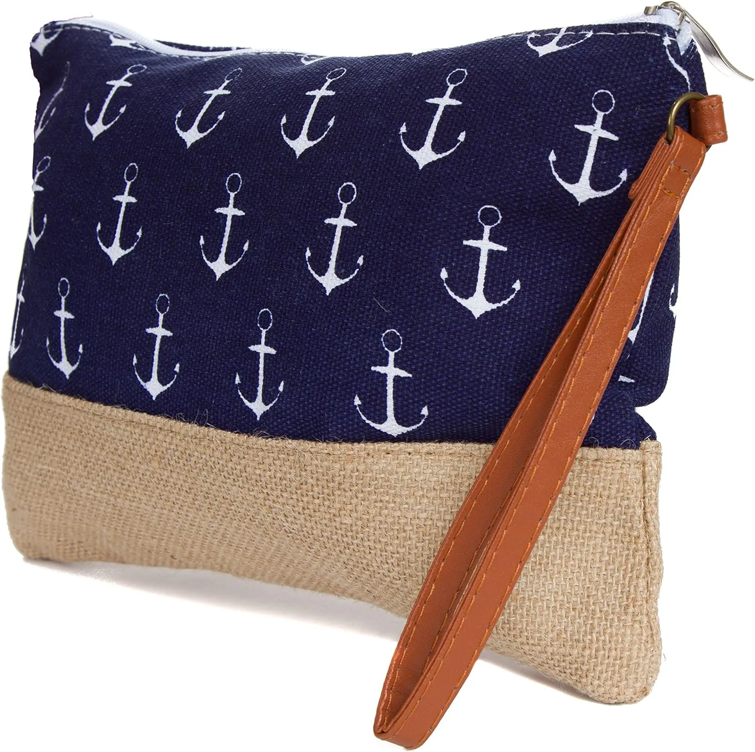 Cotton Canvas Two-Tone Cosmetic Bag Make Up Clutch Bag (10.5" W x 7.5" H, Navy Anchor (Jute Bottom))