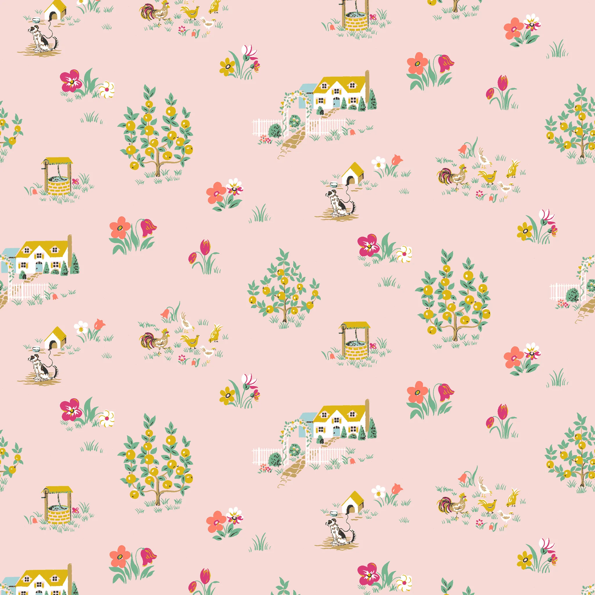 Countryside Sketch - Pink Farm Fabric
