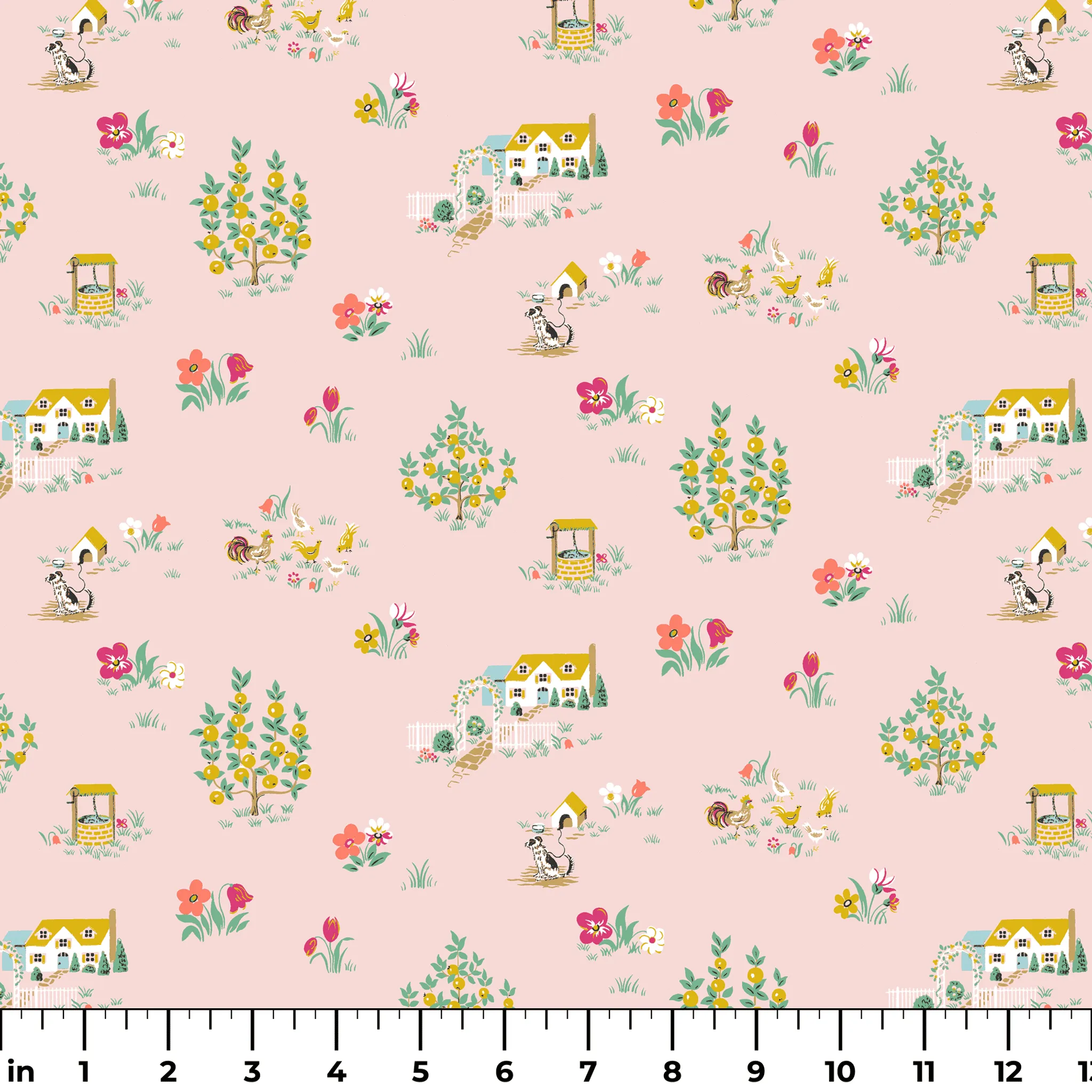 Countryside Sketch - Pink Farm Fabric