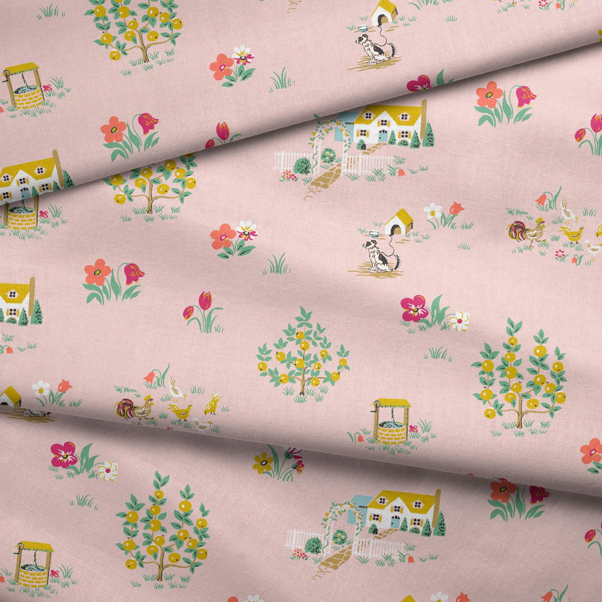Countryside Sketch - Pink Farm Fabric