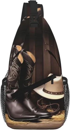 Cowboy Black Hat Western Boots Sling Bag For Women Men Travel Hiking Backpack Crossbody Shoulder Chest Bags Casual Daypack