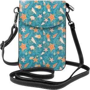 Crossbody Bag for Women Seaweed Starfish Shells Small Cell Phone Pouch Lightweight Mini PU Leather Phone Purse Wallet Cross Body Bags with Card Slots and Shoulder Strap