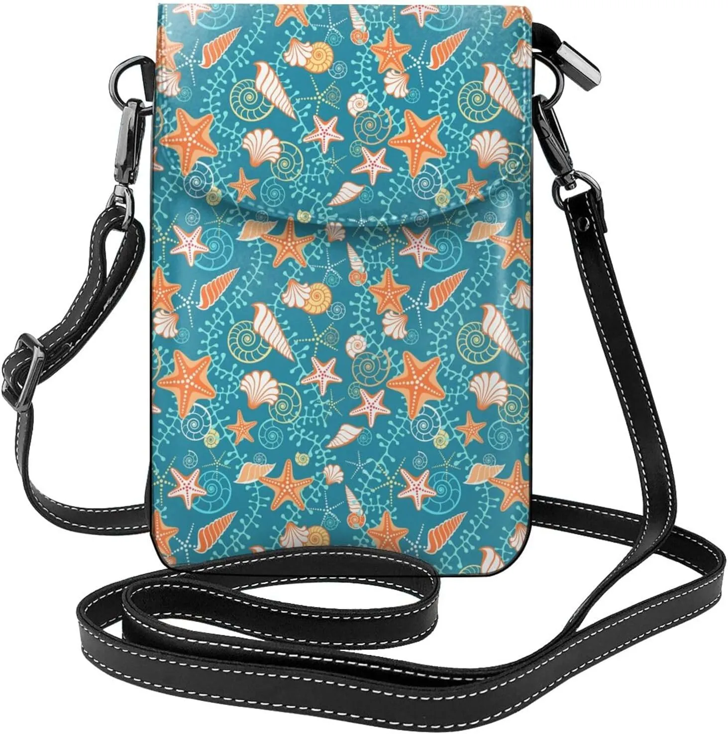 Crossbody Bag for Women Seaweed Starfish Shells Small Cell Phone Pouch Lightweight Mini PU Leather Phone Purse Wallet Cross Body Bags with Card Slots and Shoulder Strap