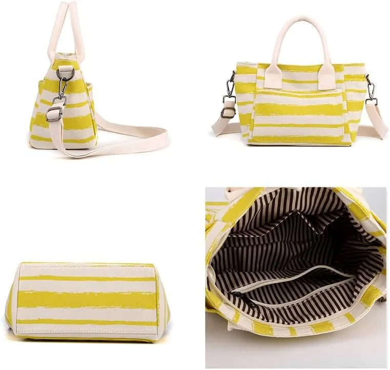 Crossbody Bag for Women Striped Top-Handle Canvas Bag Vintage Shoulder Handbag Travel Commuter Work Hobo Tote Handbags Yellow
