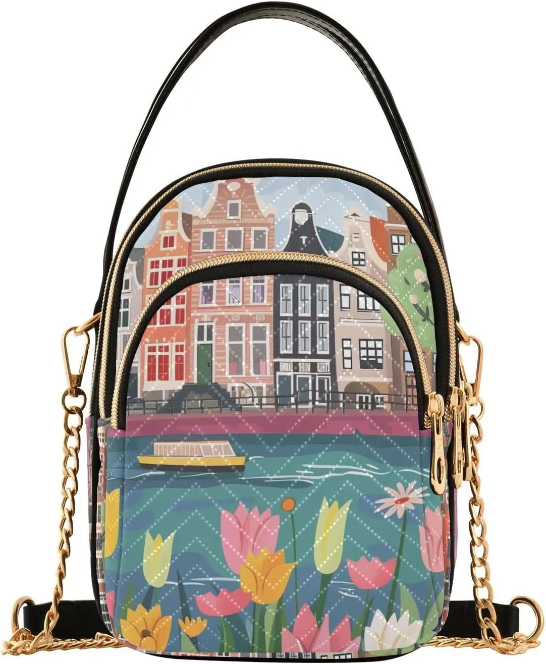Crossbody Handbags Sling Bags Netherlands Riverbank Phone Bag for Women Cross Body Purse Fanny Pack with Leather Handheld and Golden Chain for Traveling Daily