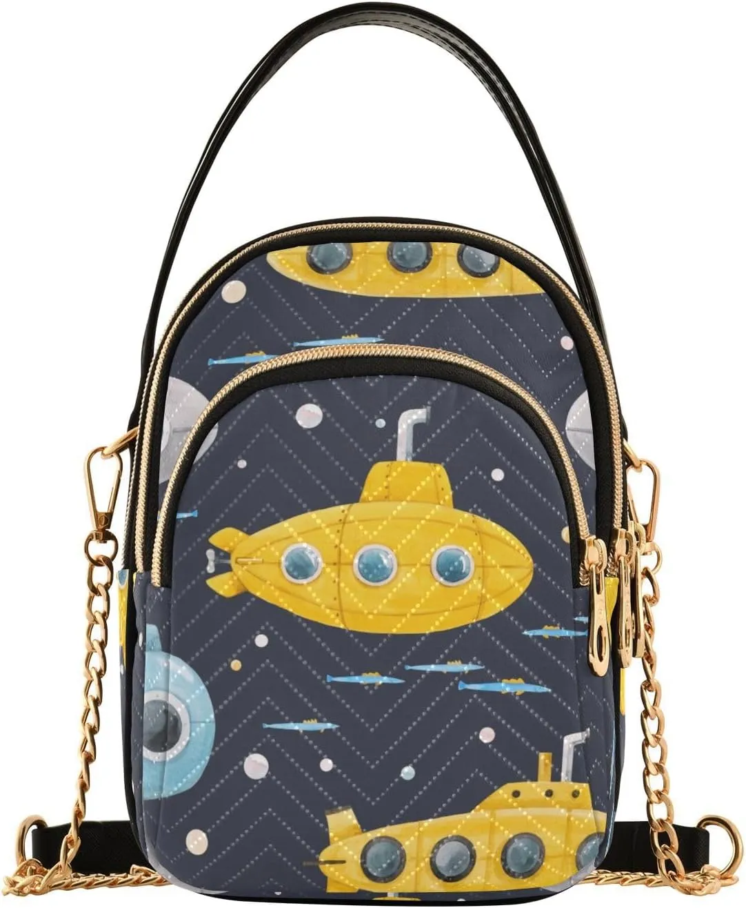 Crossbody Handbags Sling Bags Watercolor Underwater Submarine Pattern Phone Bag for Women Cross Body Purse Fanny Pack with Leather Handheld and Golden Chain for Traveling Daily