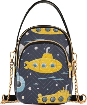 Crossbody Handbags Sling Bags Watercolor Underwater Submarine Pattern Phone Bag for Women Cross Body Purse Fanny Pack with Leather Handheld and Golden Chain for Traveling Daily