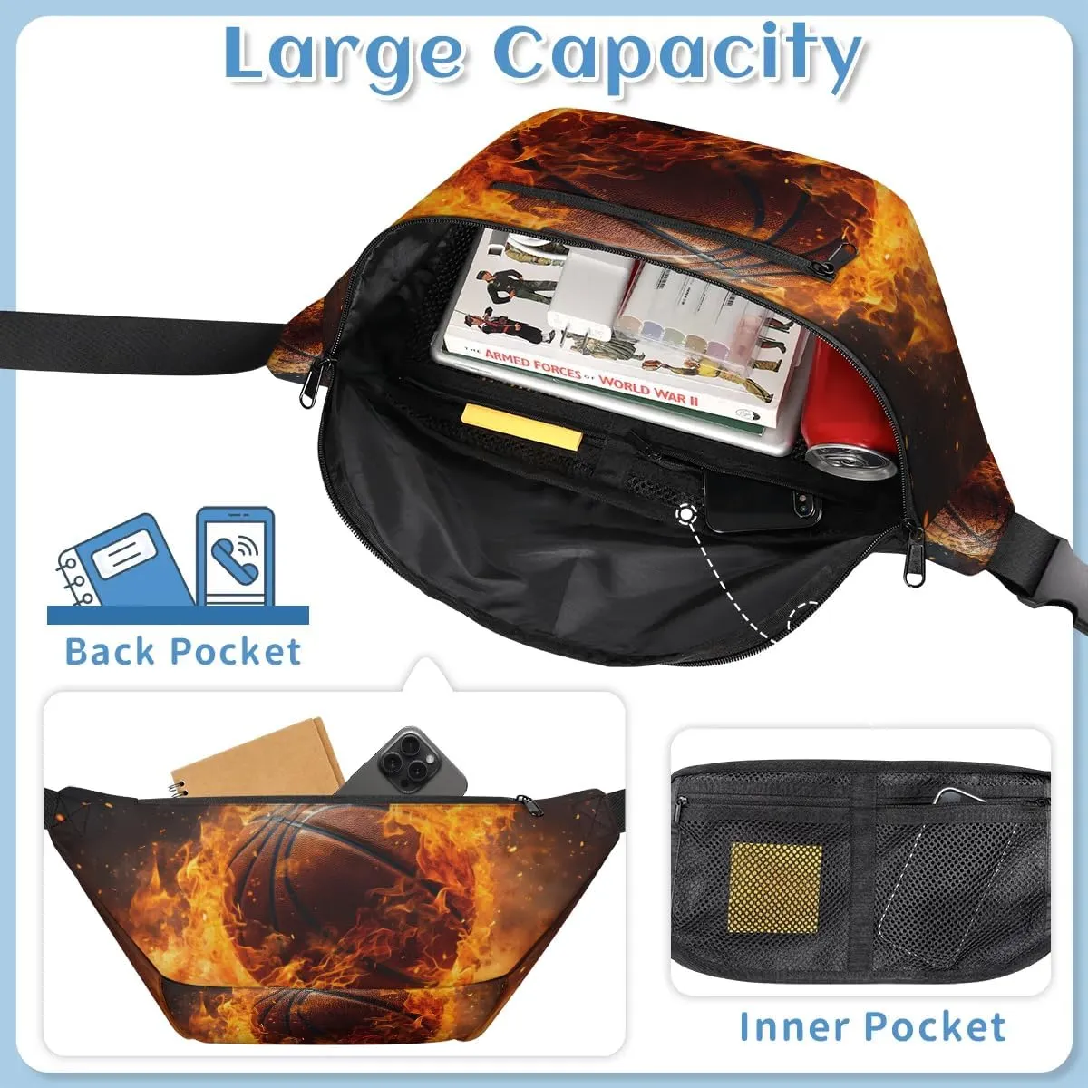 Crossbody Sling Bag for Women Men Basketball Fire Lightweight Travel Essentials Chest Bag Waterproof Sling Backpack and Cross Body Bag for Daily Use
