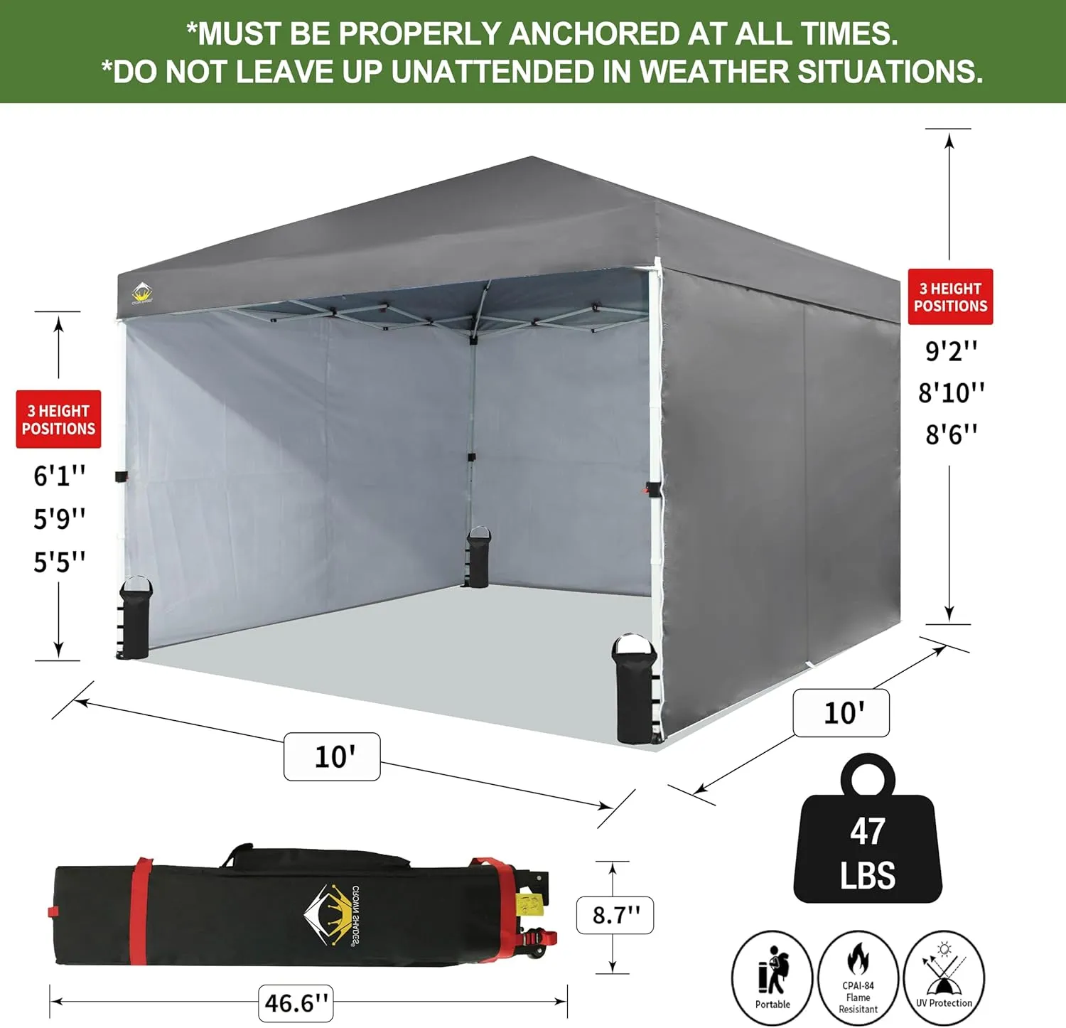 CROWN SHADES 10X10 Comercial Instant Canopy Pop Up Tent with Center Lock (10x10 with 4 Sidewalls, Grey)