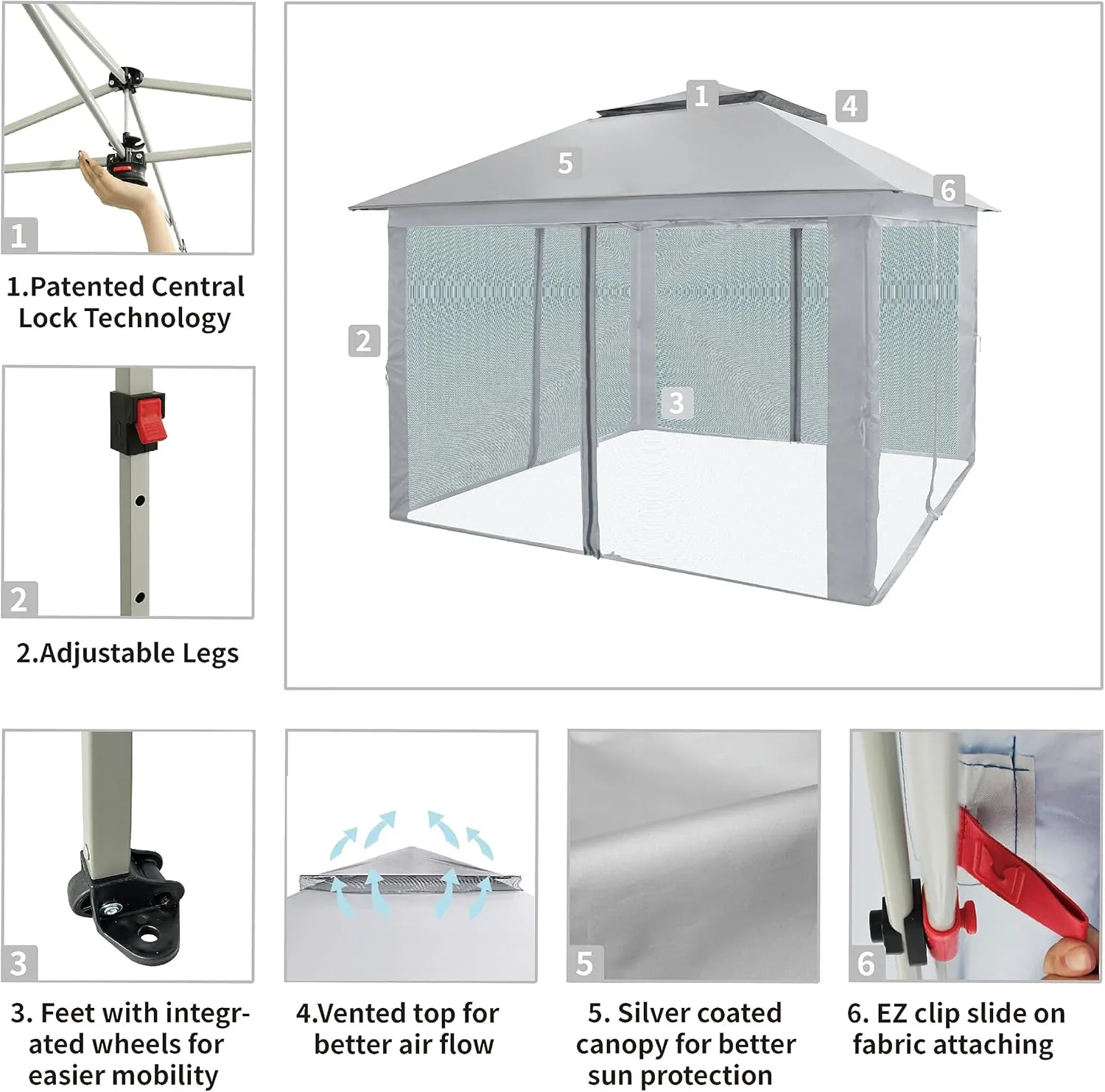 CROWN SHADES 11X11 Outdoor Pop Up Gazebo Base 10X10 Patio Gazebos Patented Center Lock Quick Setup Newly Designed Storage Bag Instant Canopy Tent with Mosquito Nettings (11x11, Gray)