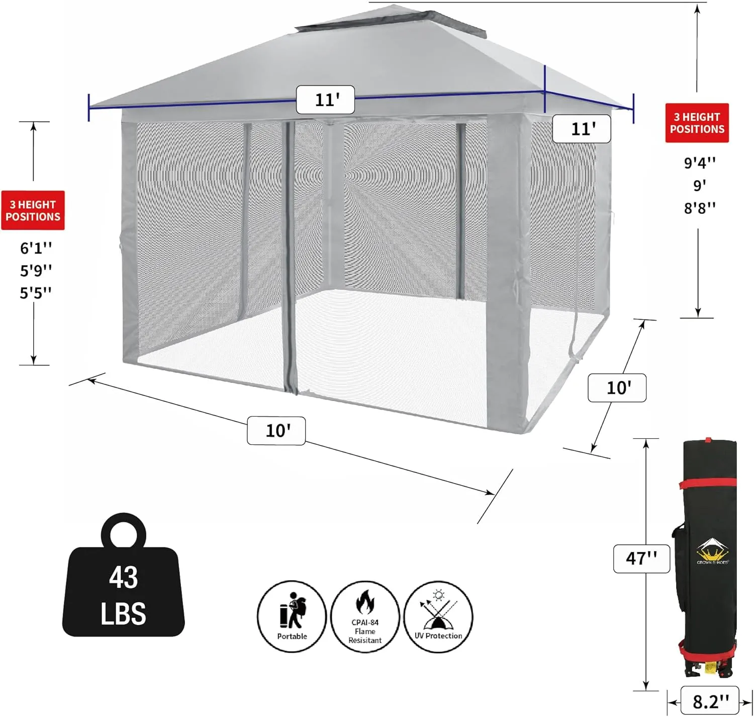 CROWN SHADES 11X11 Outdoor Pop Up Gazebo Base 10X10 Patio Gazebos Patented Center Lock Quick Setup Newly Designed Storage Bag Instant Canopy Tent with Mosquito Nettings (11x11, Gray)