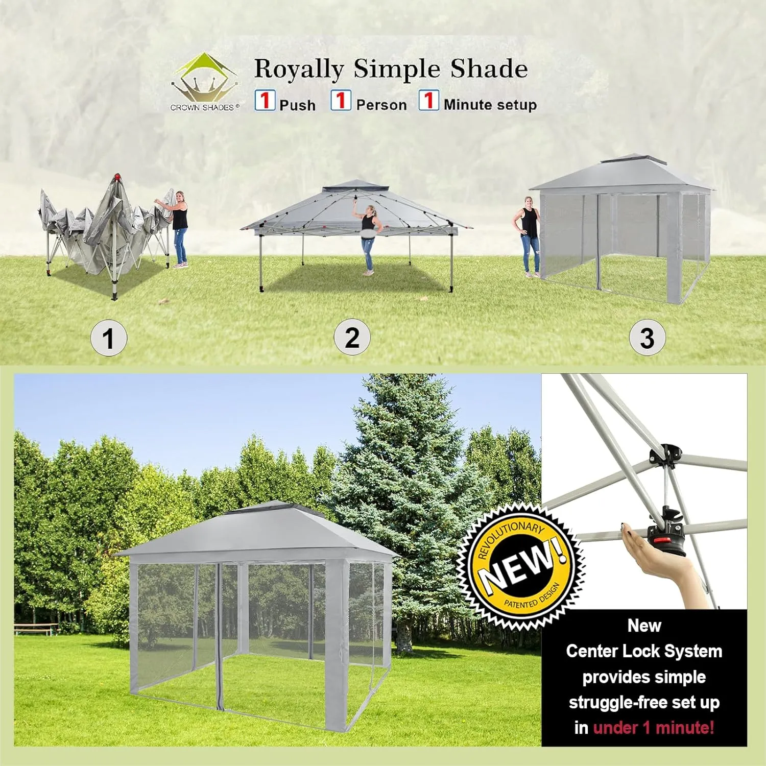 CROWN SHADES 11X11 Outdoor Pop Up Gazebo Base 10X10 Patio Gazebos Patented Center Lock Quick Setup Newly Designed Storage Bag Instant Canopy Tent with Mosquito Nettings (11x11, Gray)