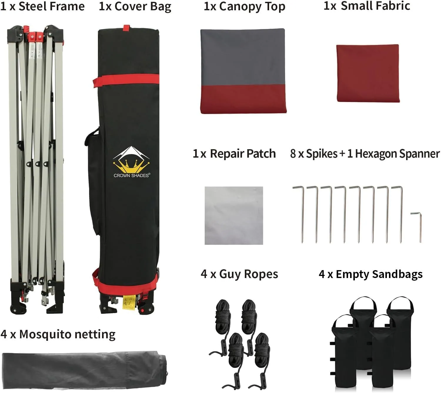 CROWN SHADES 11x11 Pop Up Gazebo, Patented One Push Outoor Canopy Tent with Wheeled STO-N-Go Cover Bag, Pop Up Canopy with Netting for Patio, Backyard (11x11, Red &Grey)