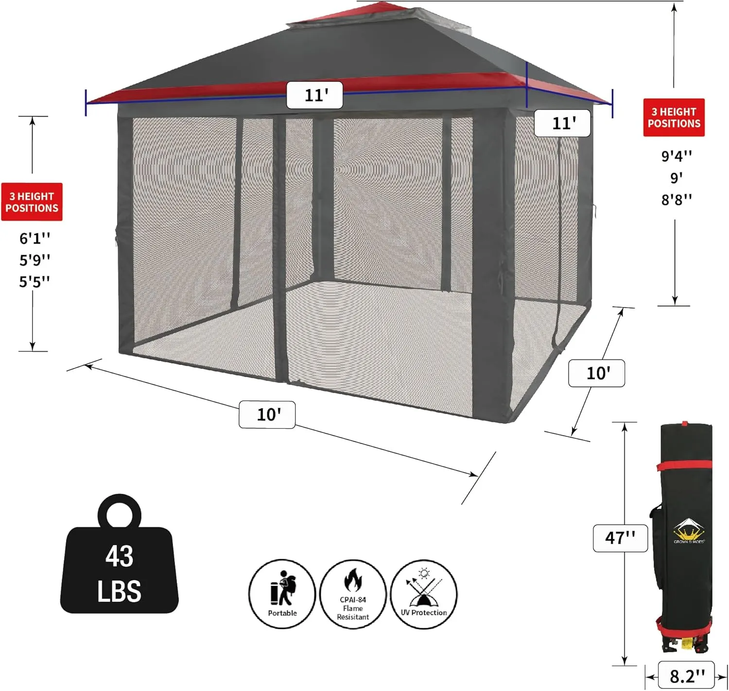 CROWN SHADES 11x11 Pop Up Gazebo, Patented One Push Outoor Canopy Tent with Wheeled STO-N-Go Cover Bag, Pop Up Canopy with Netting for Patio, Backyard (11x11, Red &Grey)