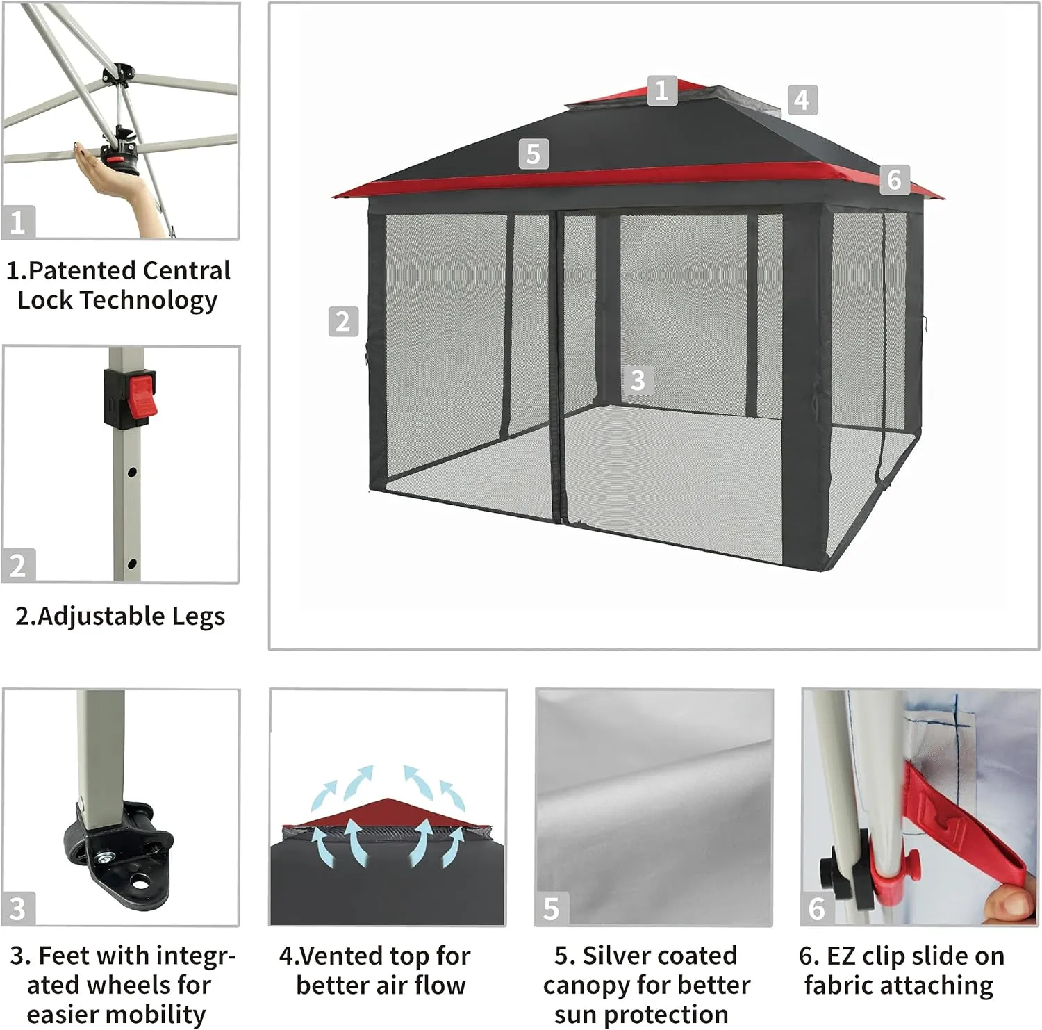 CROWN SHADES 11x11 Pop Up Gazebo, Patented One Push Outoor Canopy Tent with Wheeled STO-N-Go Cover Bag, Pop Up Canopy with Netting for Patio, Backyard (11x11, Red &Grey)
