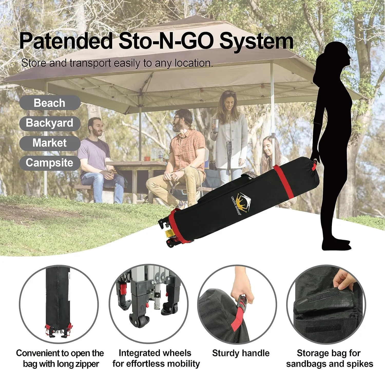 CROWN SHADES 11x11 Pop Up Gazebo, Patented One Push Outoor Canopy Tent with Wheeled STO-N-Go Cover Bag, Pop Up Canopy with Netting for Patio, Backyard (11x11, Red &Grey)