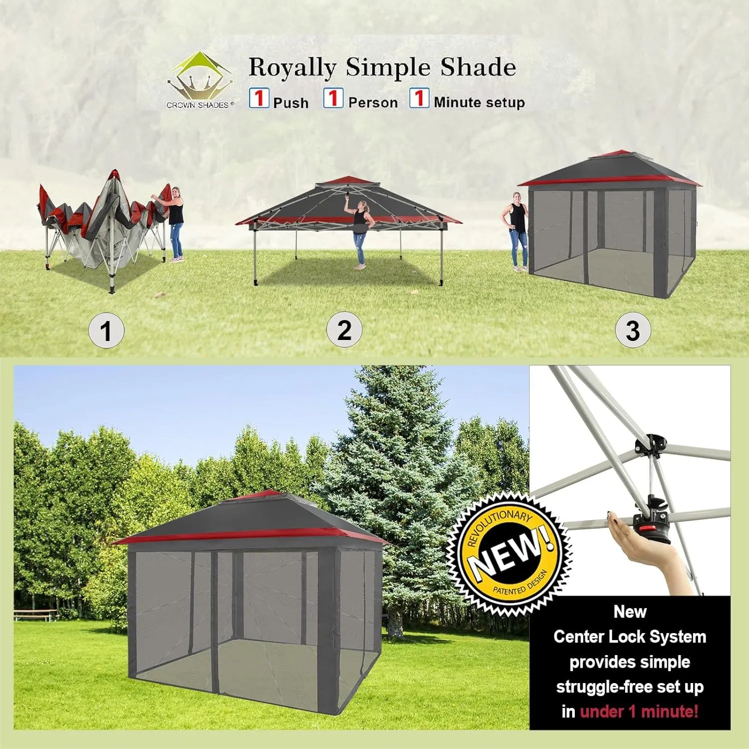 CROWN SHADES 11x11 Pop Up Gazebo, Patented One Push Outoor Canopy Tent with Wheeled STO-N-Go Cover Bag, Pop Up Canopy with Netting for Patio, Backyard (11x11, Red &Grey)