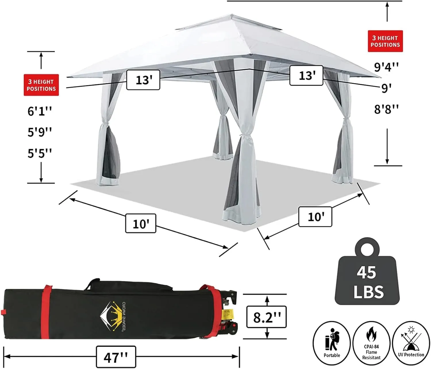CROWN SHADES 13x13 Pop Up Gazebo, Canopy Tent, Gazebos on Clearance - Outdoor Gazebo for Backyard & Patio Furniture - Carpa Pop Up Tent with Wheeled STO-N-Go Cover Bag (White)