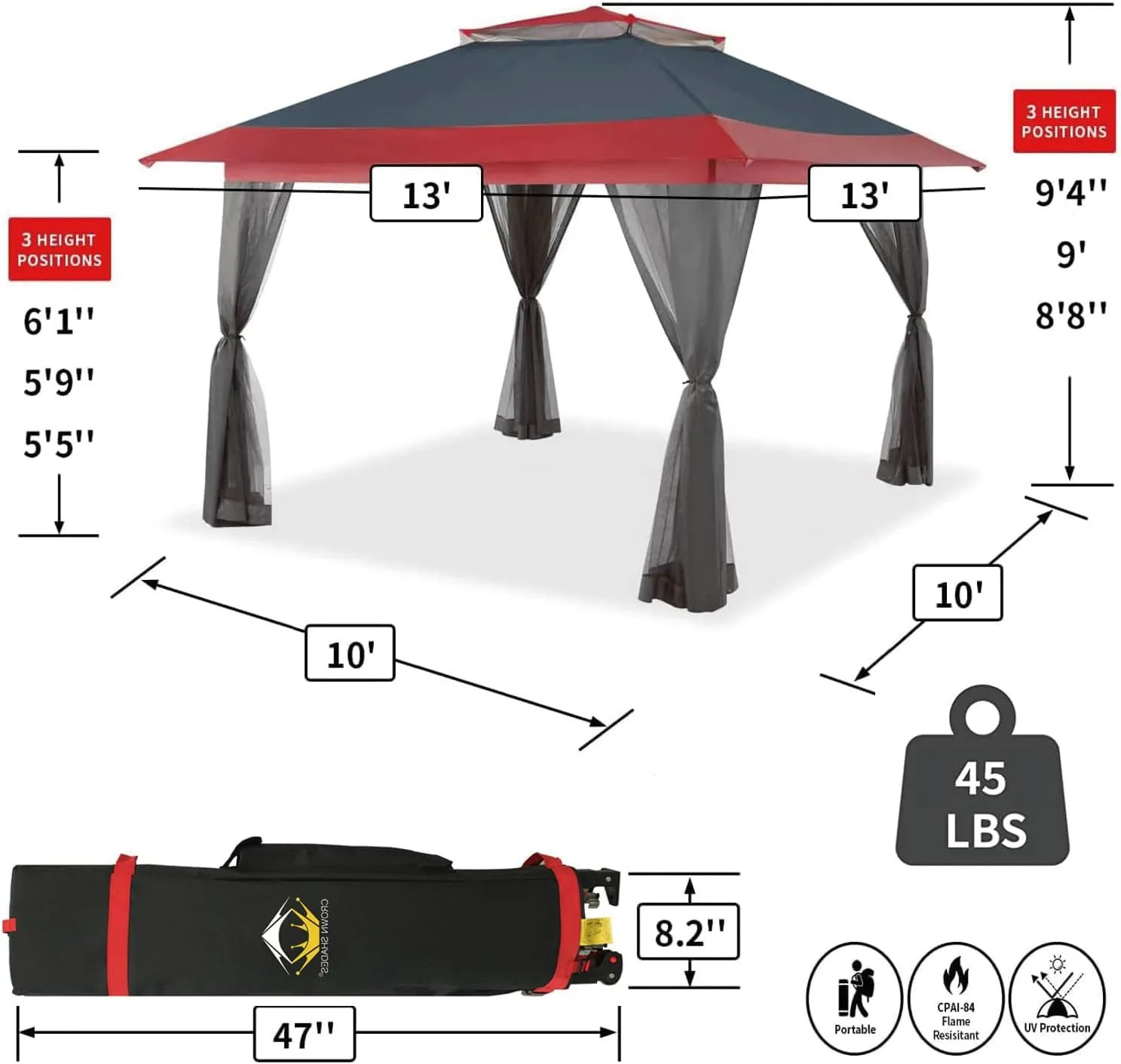 CROWN SHADES 13x13 Pop Up Gazebo, Patented One Push Outoor Canopy Tent with Wheeled STO-N-Go Cover Bag, Pop Up Canopy with Netting for Patio, Party, Backyard (13x13, Red & Grey Grid)