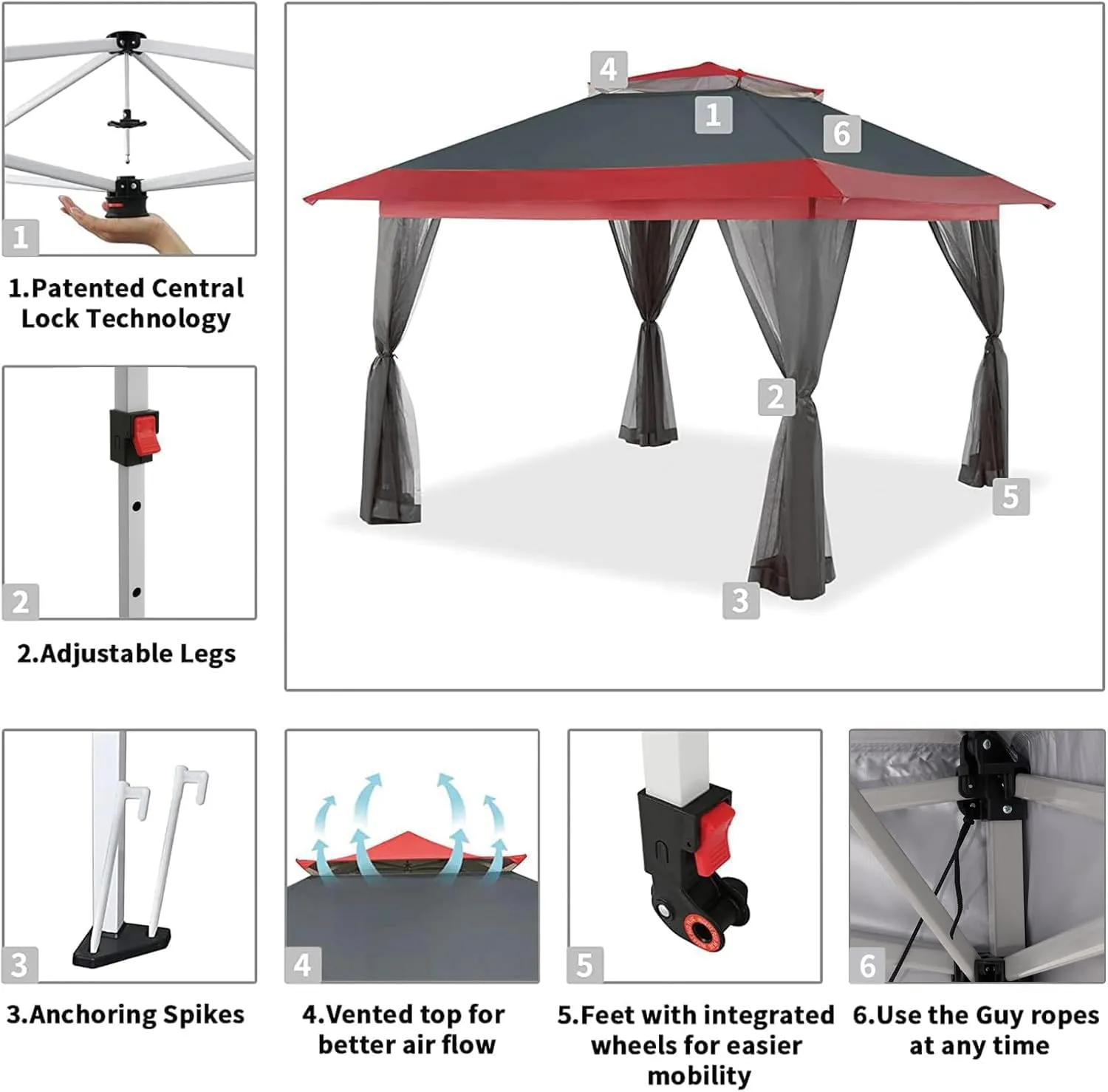 CROWN SHADES 13x13 Pop Up Gazebo, Patented One Push Outoor Canopy Tent with Wheeled STO-N-Go Cover Bag, Pop Up Canopy with Netting for Patio, Party, Backyard (13x13, Red & Grey Grid)
