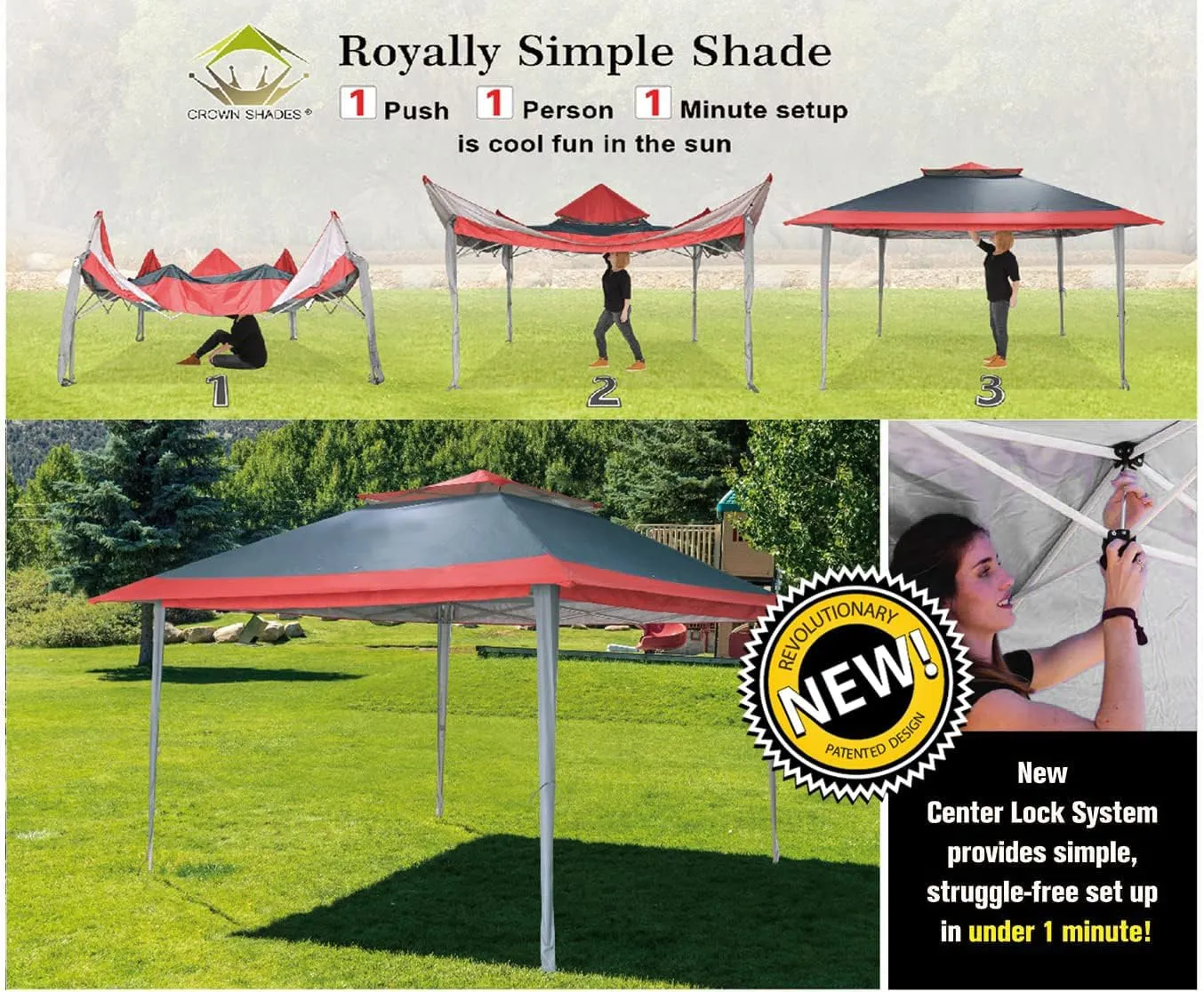 CROWN SHADES 13x13 Pop Up Gazebo, Patented One Push Outoor Canopy Tent with Wheeled STO-N-Go Cover Bag, Pop Up Canopy with Netting for Patio, Party, Backyard (13x13, Red & Grey Grid)